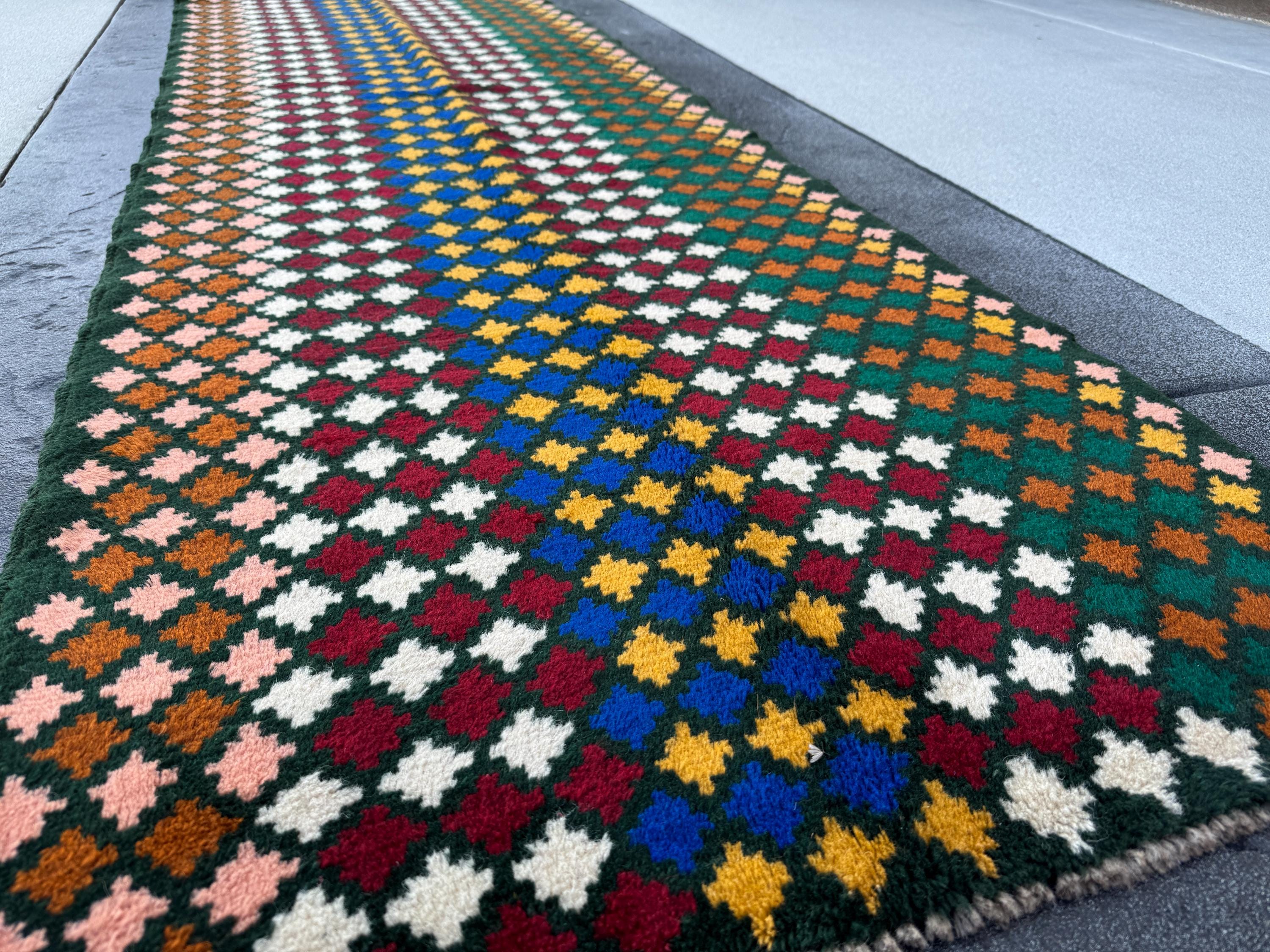3x10 Handmade Vintage Afghan Baluch Runner Rug | Pine Forest Green Navy Blue Cream White Copper Taupe Salmon Pink Brick Red | Wool Flatwoven