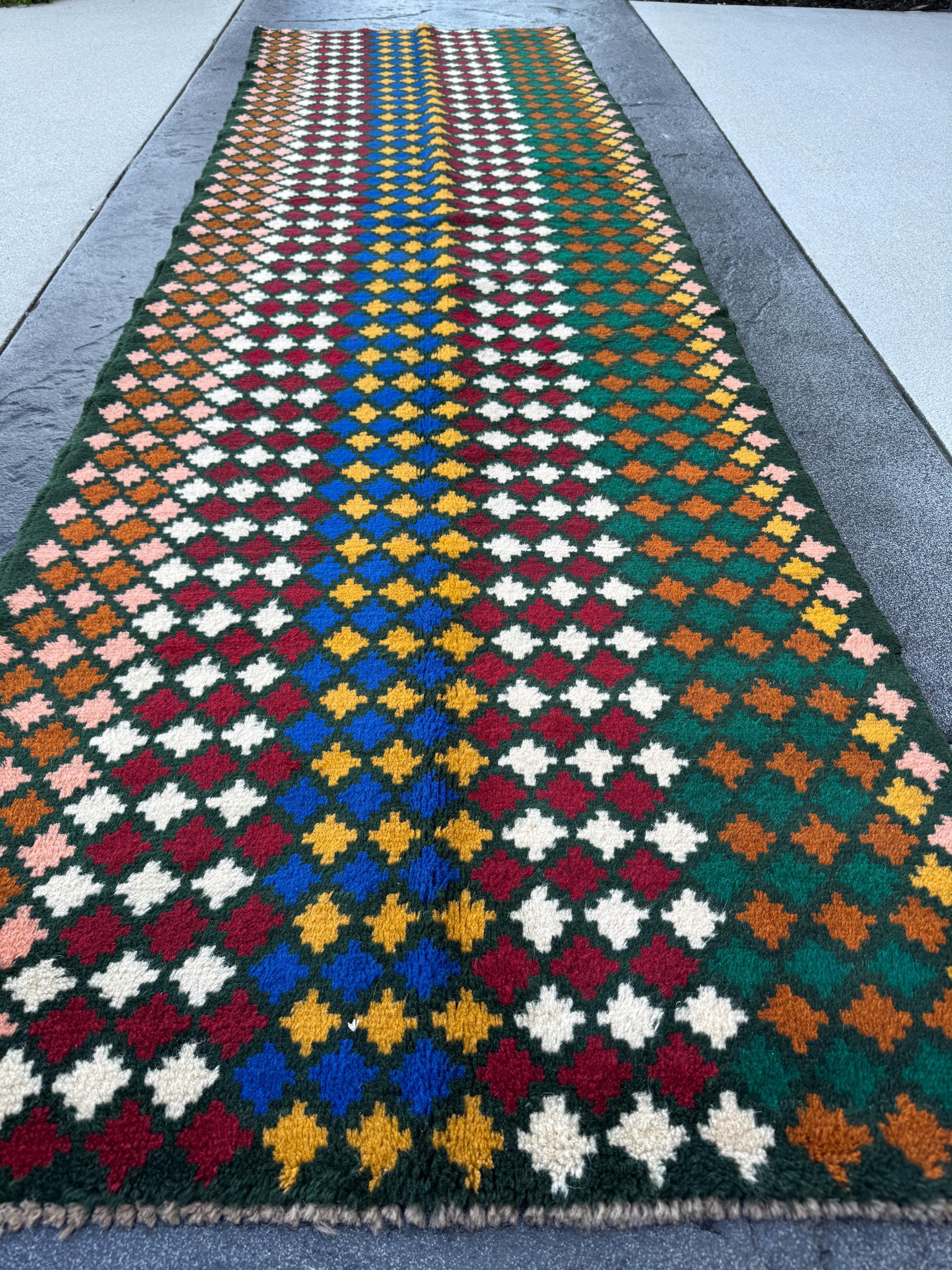 3x10 Handmade Vintage Afghan Baluch Runner Rug | Pine Forest Green Navy Blue Cream White Copper Taupe Salmon Pink Brick Red | Wool Flatwoven