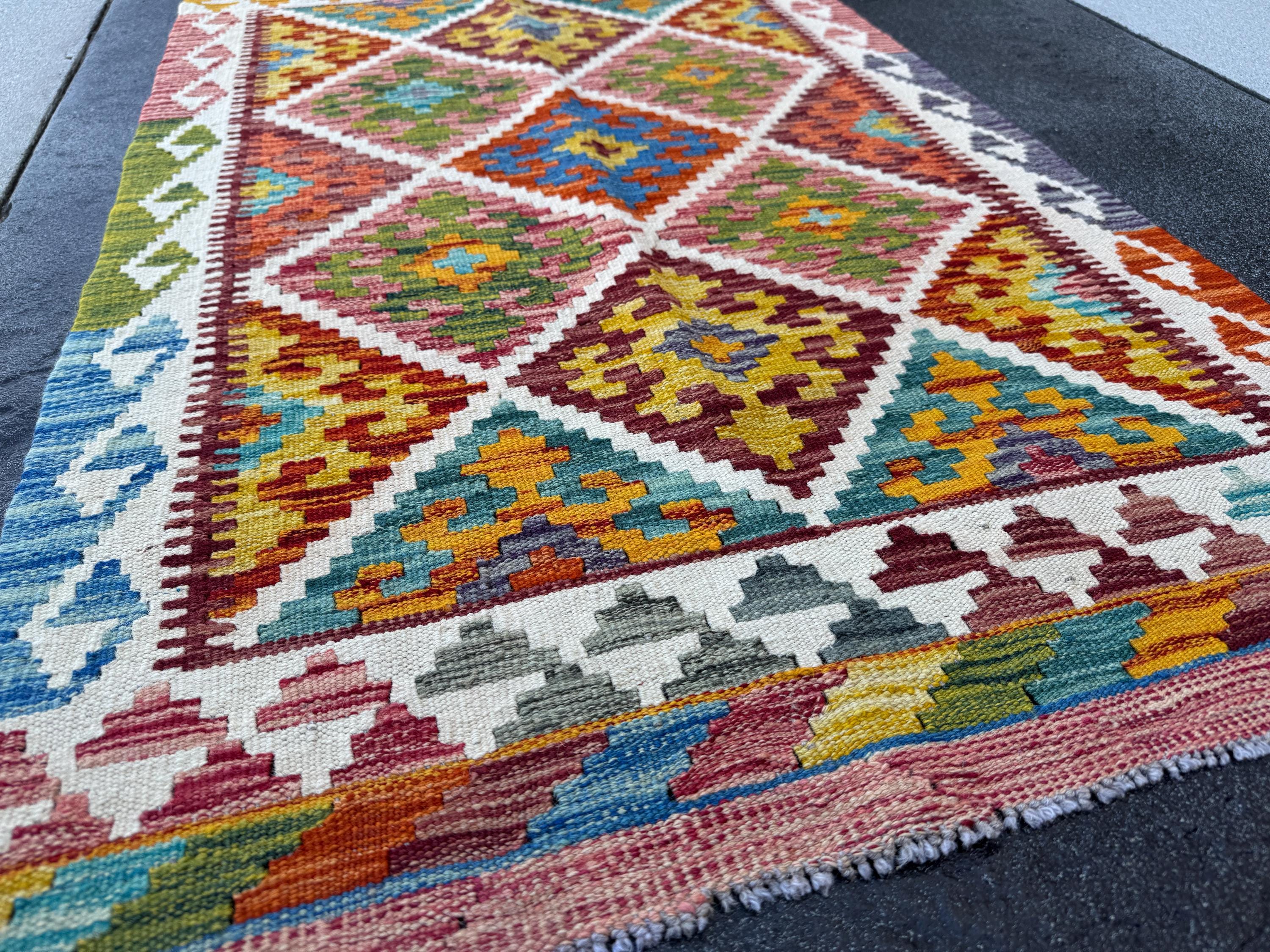 3x4 Handmade Afghan Kilim Rug | Rust Red Burnt Orange Cream White Mustard Yellow Olive Green Teal Aqua Blue Navy Purple Grey | Flatwoven