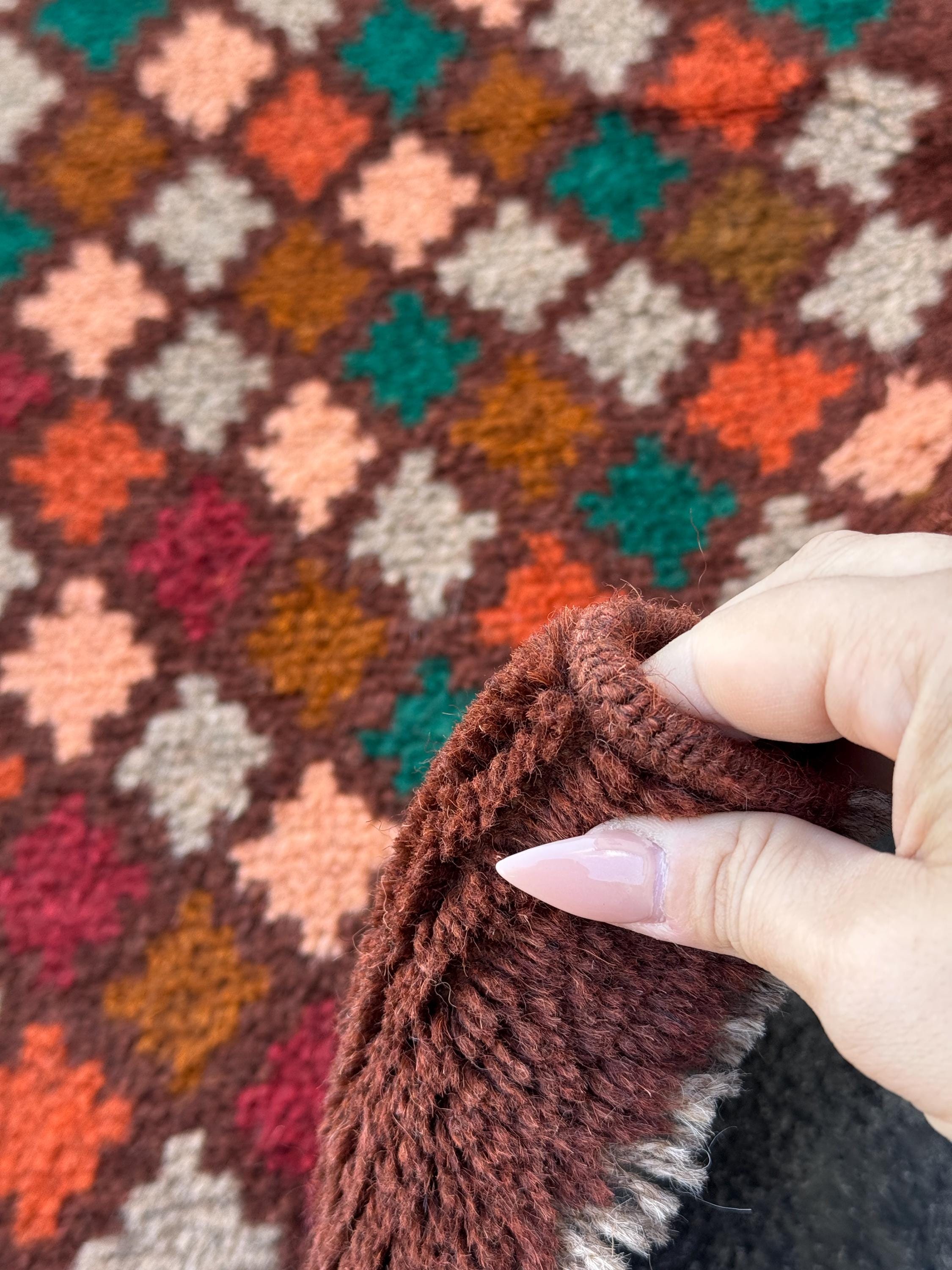 3x10 Handmade Vintage Afghan Baluch Runner Rug | Chocolate Brown Forest G Copper Buuunt Ornge rick Red Grey Salmon Pink | Wool Flatwoven