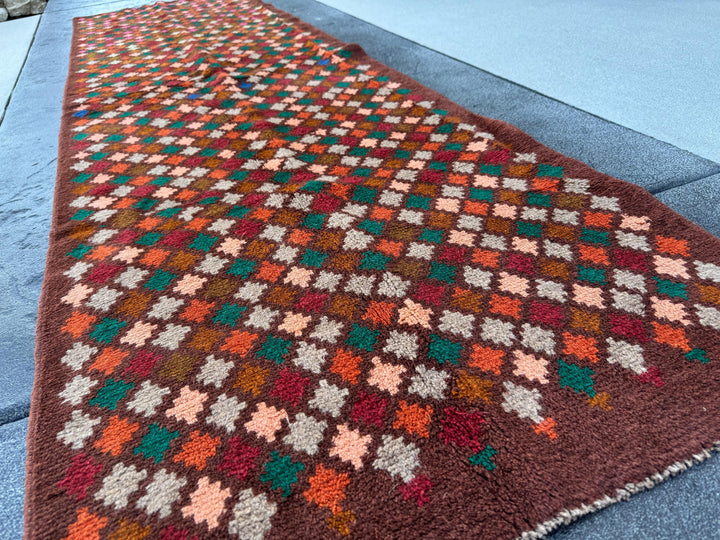 3x10 Handmade Vintage Afghan Baluch Runner Rug | Chocolate Brown Forest G Copper Buuunt Ornge rick Red Grey Salmon Pink | Wool Flatwoven