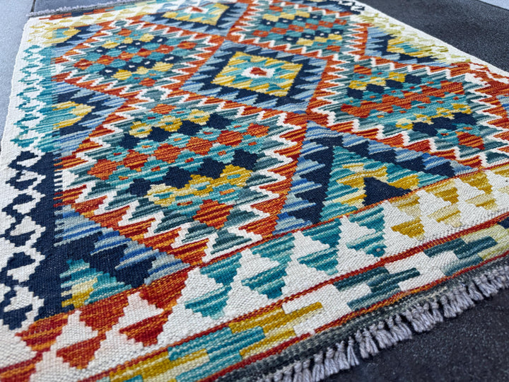 3x4 Handmade Afghan Kilim Rug | Cream White Teal Aqua Blue Navy Rust Red Burnt Orange Mustard Yellow Olive Green Grey | Wool Flatwoven