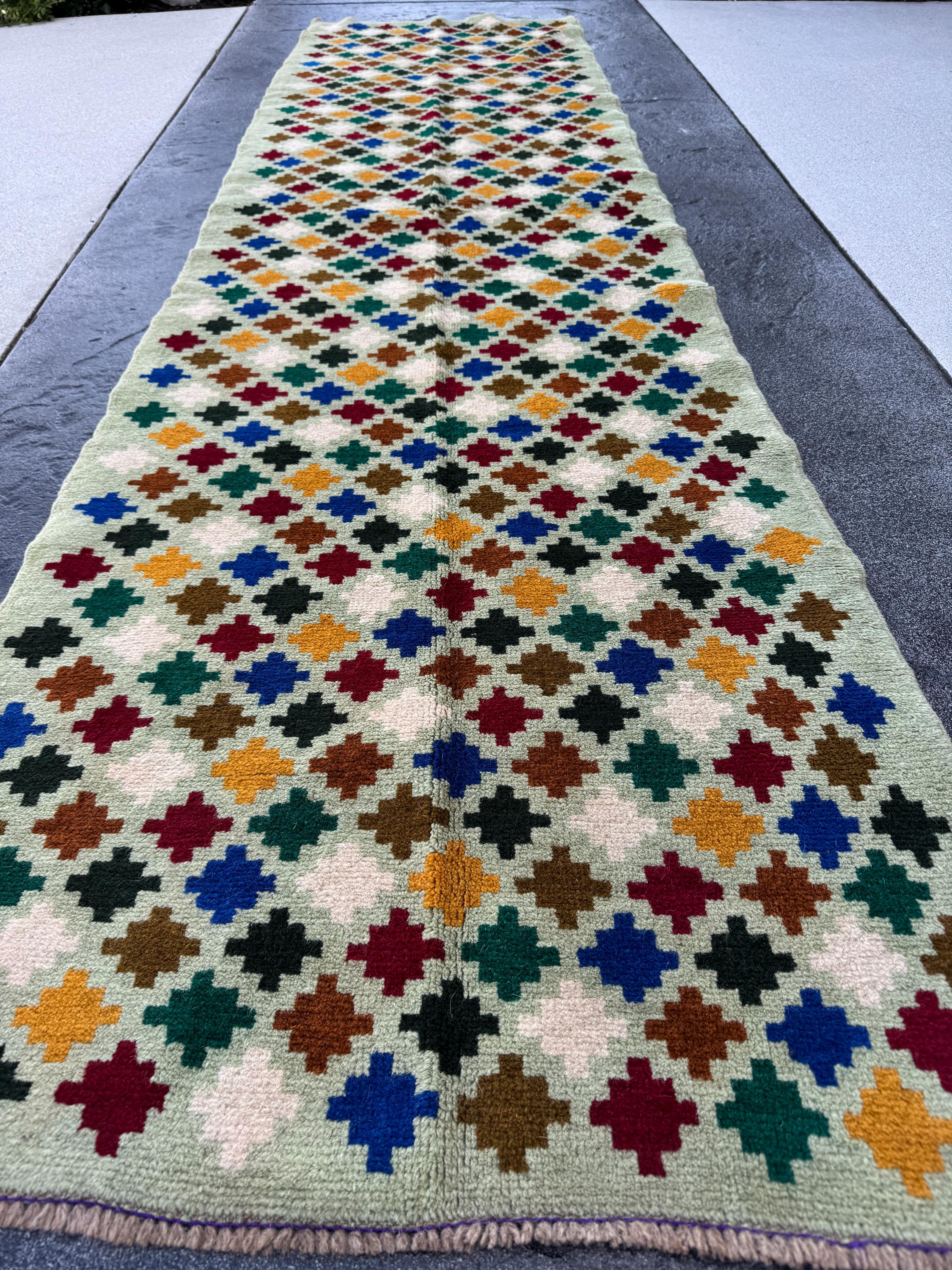 3x10 Handmade Vintage Afghan Baluch Runner Rug | Mint Forest Green Brick Red Copper Brown Cream White Mustard Yellow Blue Black | Flatwoven
