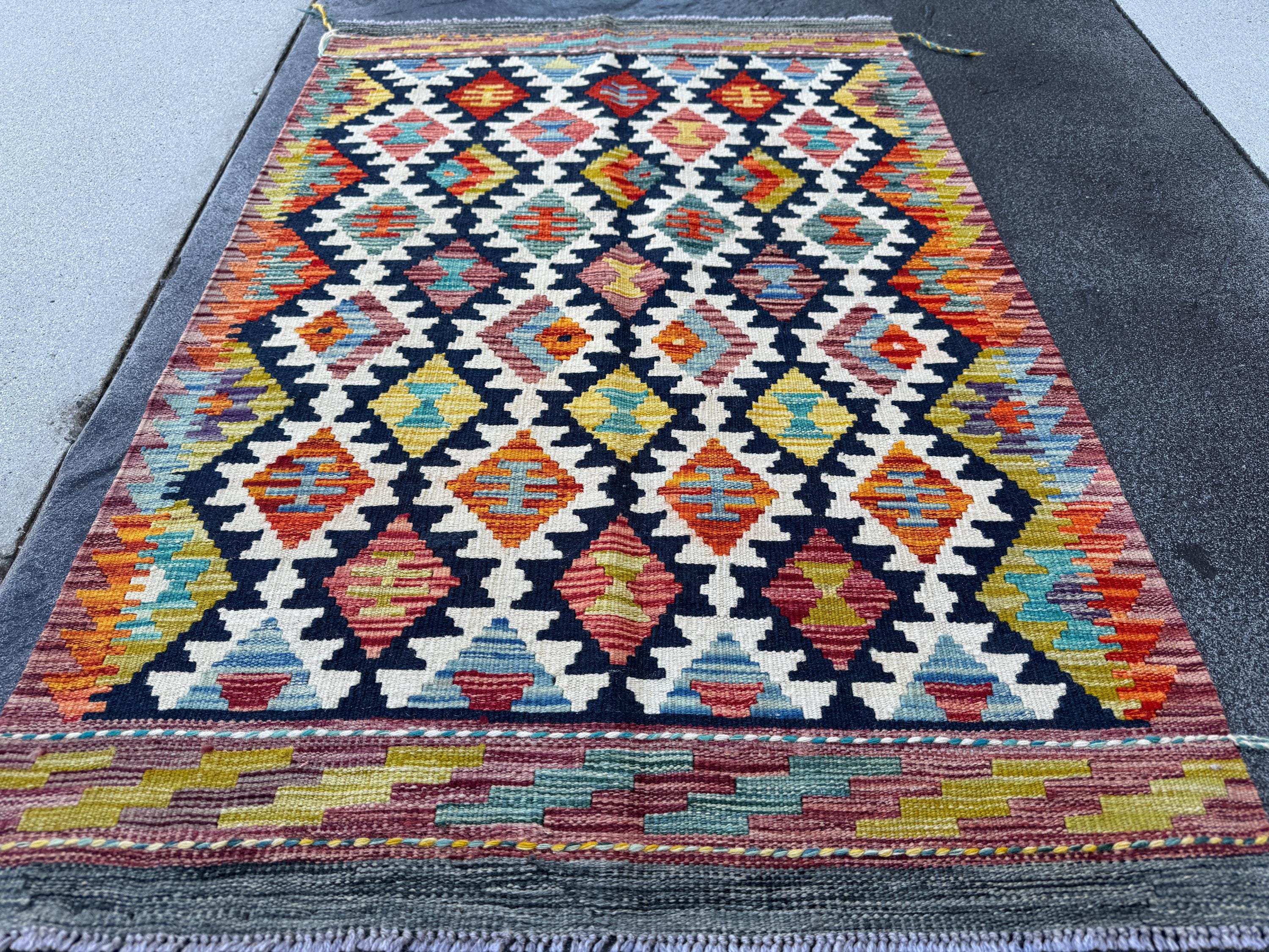 3x4 Handmade Afghan Kilim Rug | Navy Rust Red Burnt Orange Mustard Yellow Cream White Teal Aqua Blue Olive Green Purple Grey | Flatwoven
