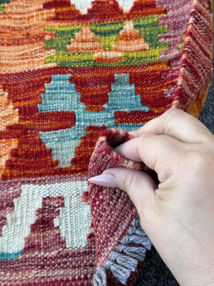 3x4 Handmade Afghan Kilim Rug | Rust Red Burnt Orange Cream White Mustard Yellow Olive Green Aqua Blue Teal Navy Purple Grey | Flatwoven