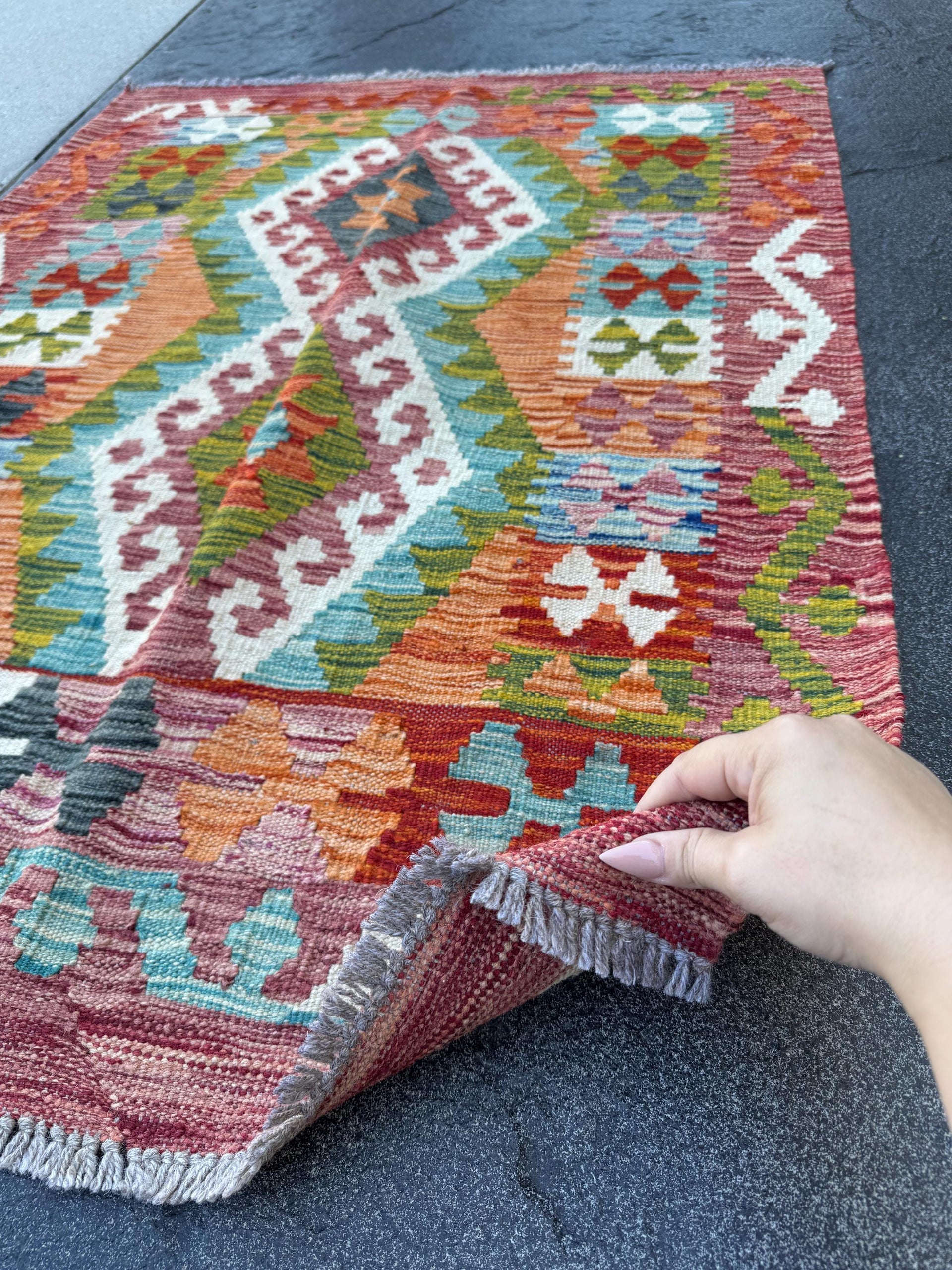 3x4 Handmade Afghan Kilim Rug | Rust Red Burnt Orange Cream White Mustard Yellow Olive Green Aqua Blue Teal Navy Purple Grey | Flatwoven