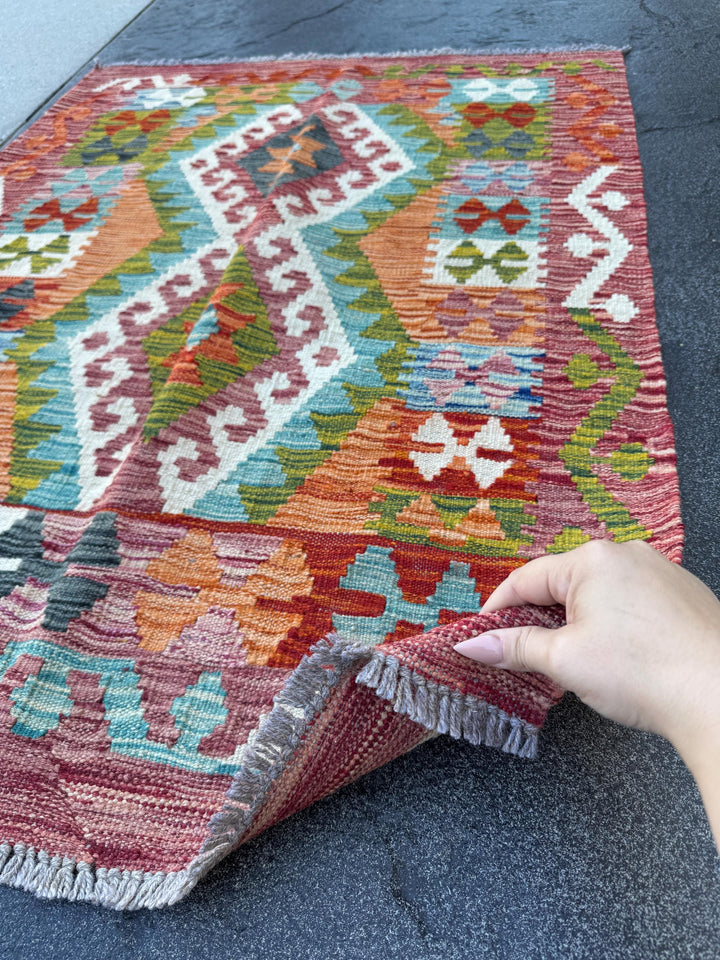 3x4 Handmade Afghan Kilim Rug | Rust Red Burnt Orange Cream White Mustard Yellow Olive Green Aqua Blue Teal Navy Purple Grey | Flatwoven
