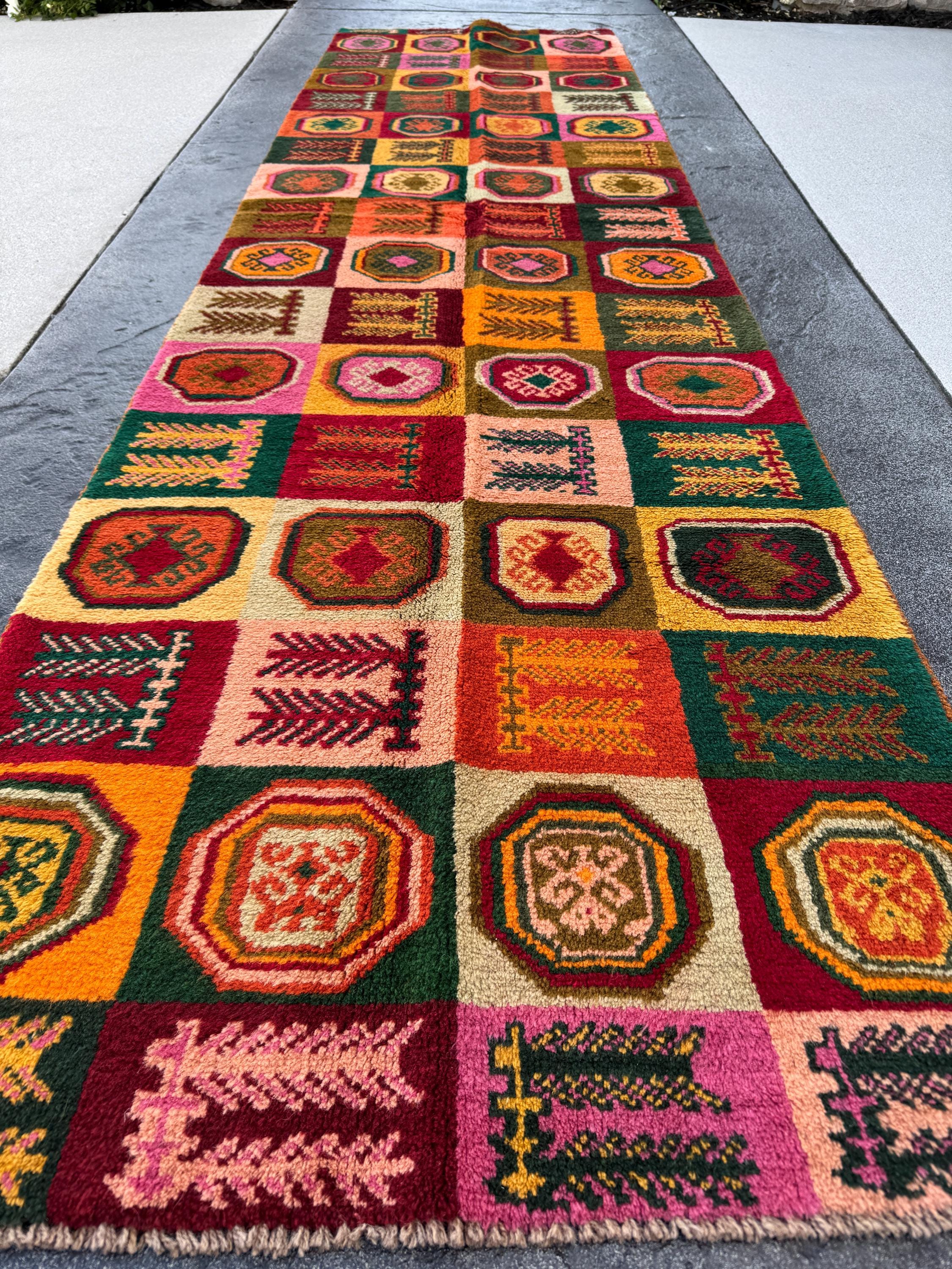 3x9 (90x275) Handmade Vintage Afghan Baluch Runner Rug | Forest Green Rose Salmon Pink Burnt Orange Cream Beige Chocolate Blood Brick Red
