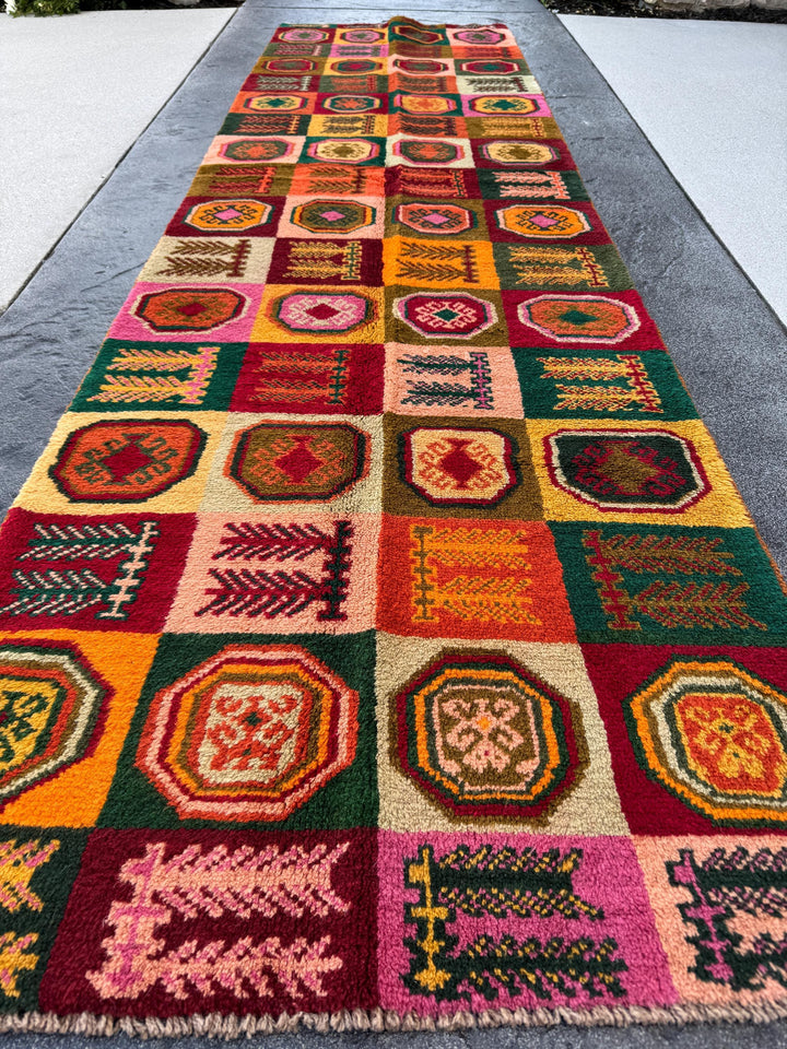3x9 (90x275) Handmade Vintage Afghan Baluch Runner Rug | Forest Green Rose Salmon Pink Burnt Orange Cream Beige Chocolate Blood Brick Red