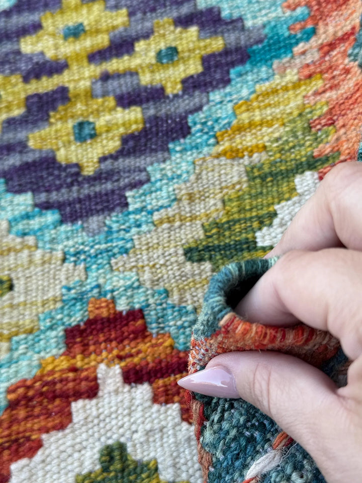 2x5 Handmade Afghan Kilim Runner Rug | Teal Aqua Blue Rust Red Burnt Orange Mustard Yellow Olive Green Cream White Navy Purple Grey | Wool