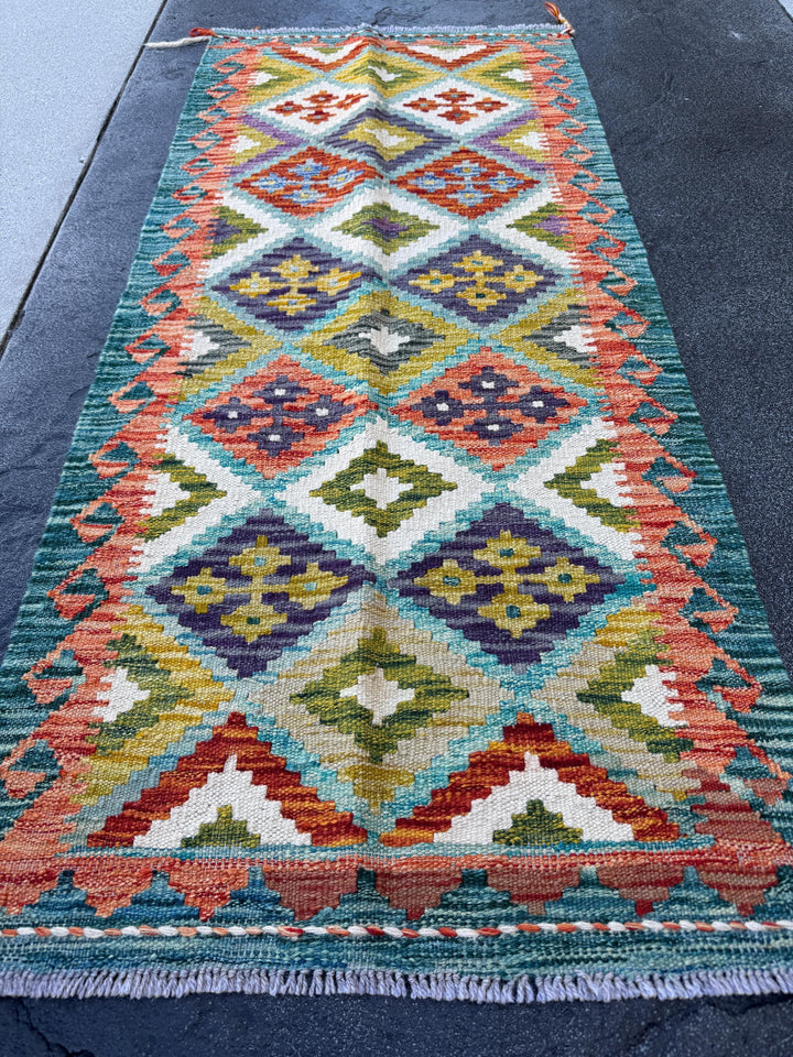 2x5 Handmade Afghan Kilim Runner Rug | Teal Aqua Blue Rust Red Burnt Orange Mustard Yellow Olive Green Cream White Navy Purple Grey | Wool