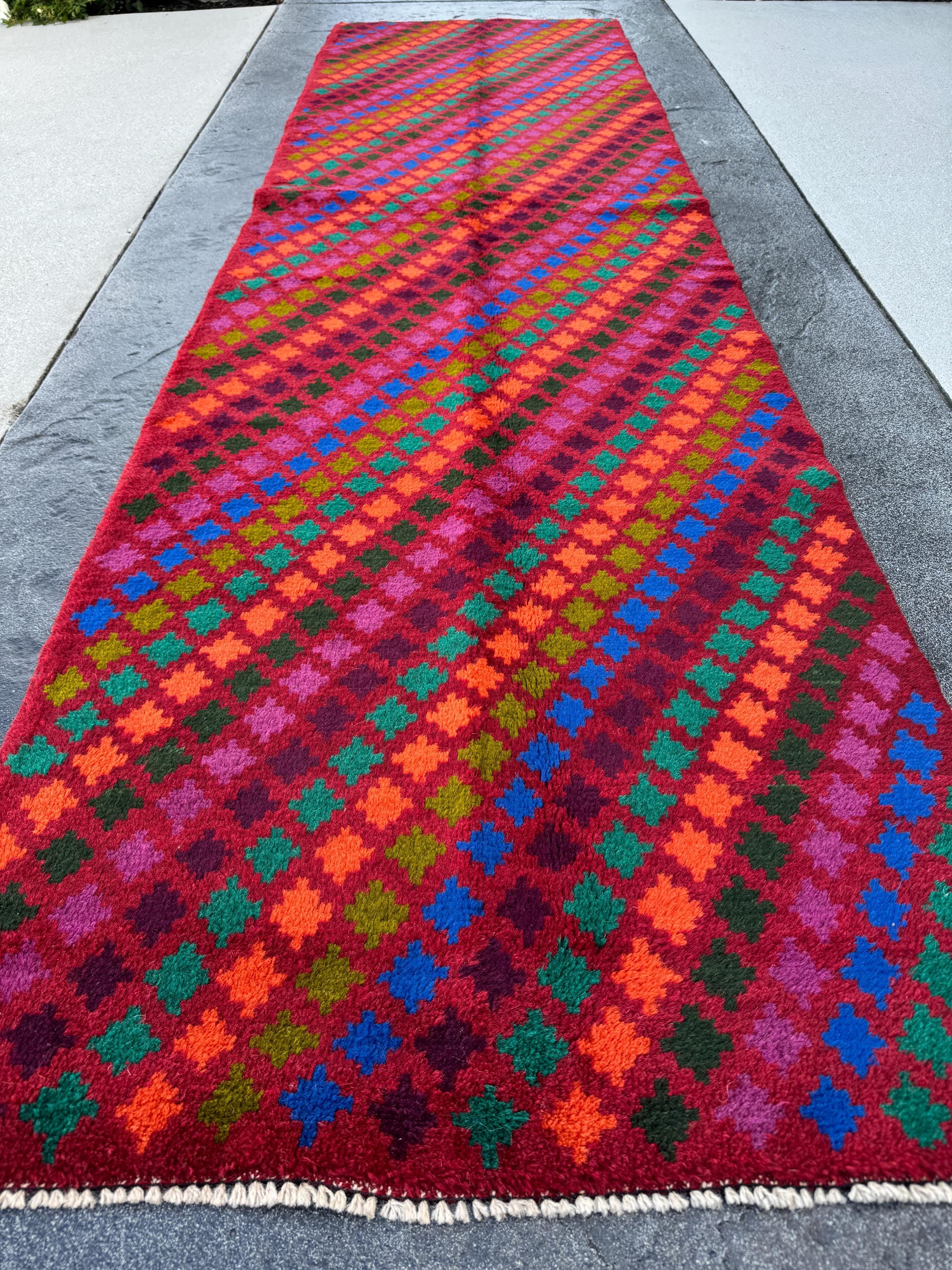 3x10 Handmade Vintage Afghan Baluch Runner Rug | Brick Red Forest Pine Olive Green Blue Orange Black Rose Pink | Wool Flatwoven
