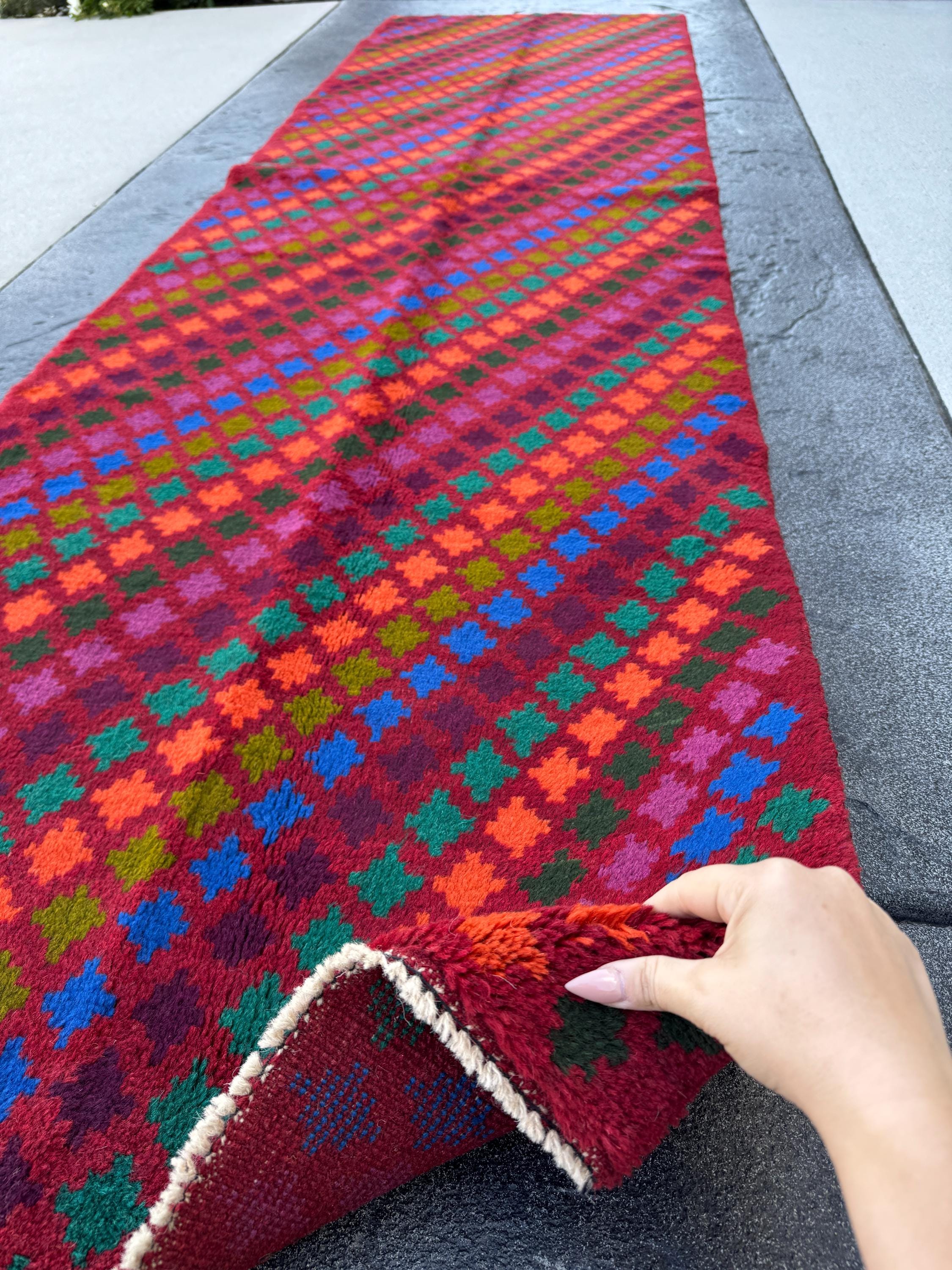 3x10 Handmade Vintage Afghan Baluch Runner Rug | Copper Brown Mustard Yellow White FOrest Mint Green Maroon Salom Pink | Wool Flatwoven