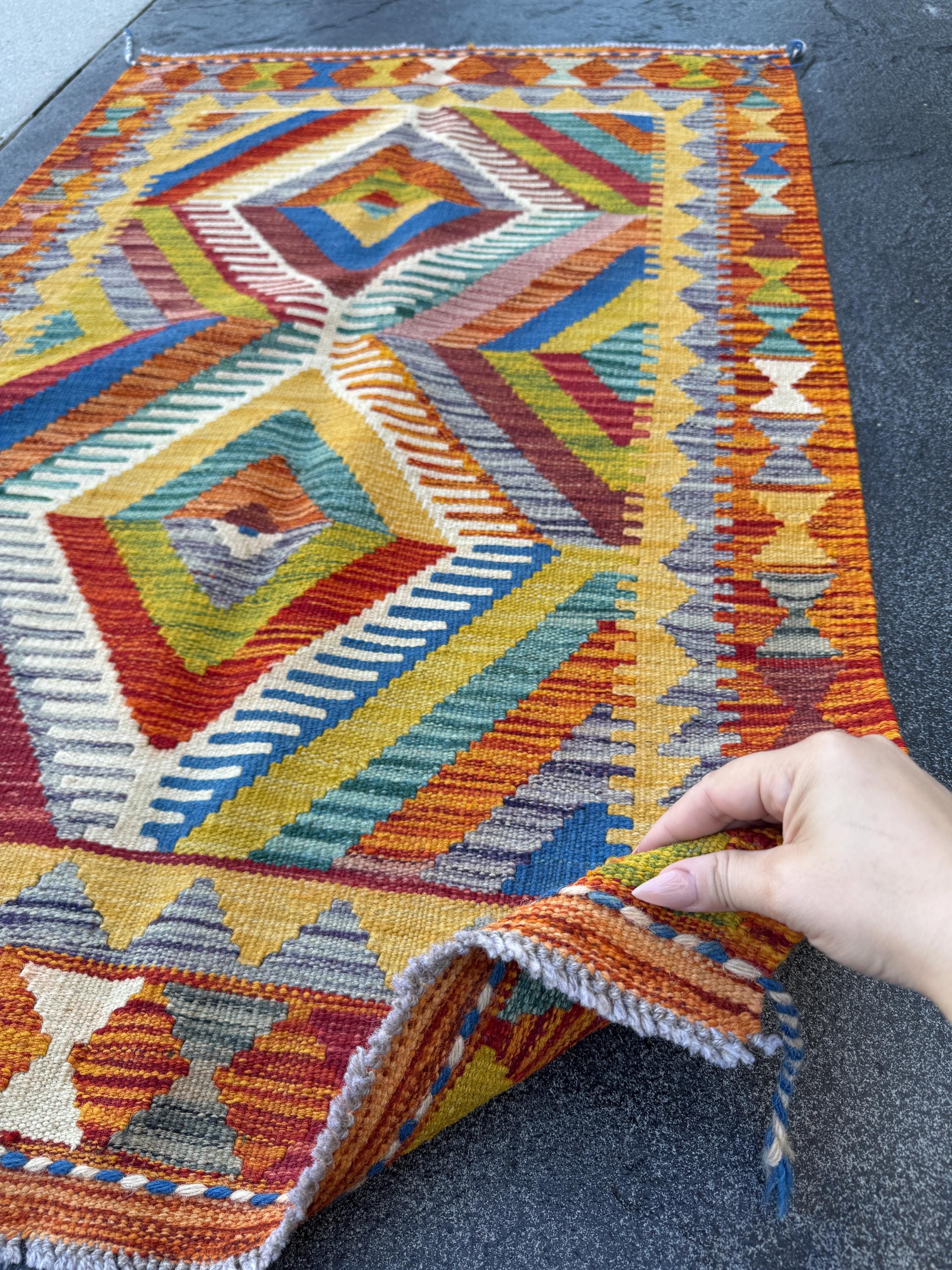 3x4 Handmade Afghan Kilim Rug | Burnt Orange Rust Red Mustard Yellow Cream White Olive Green Teal Aqua Blue Navy Purple Grey | Flatwoven