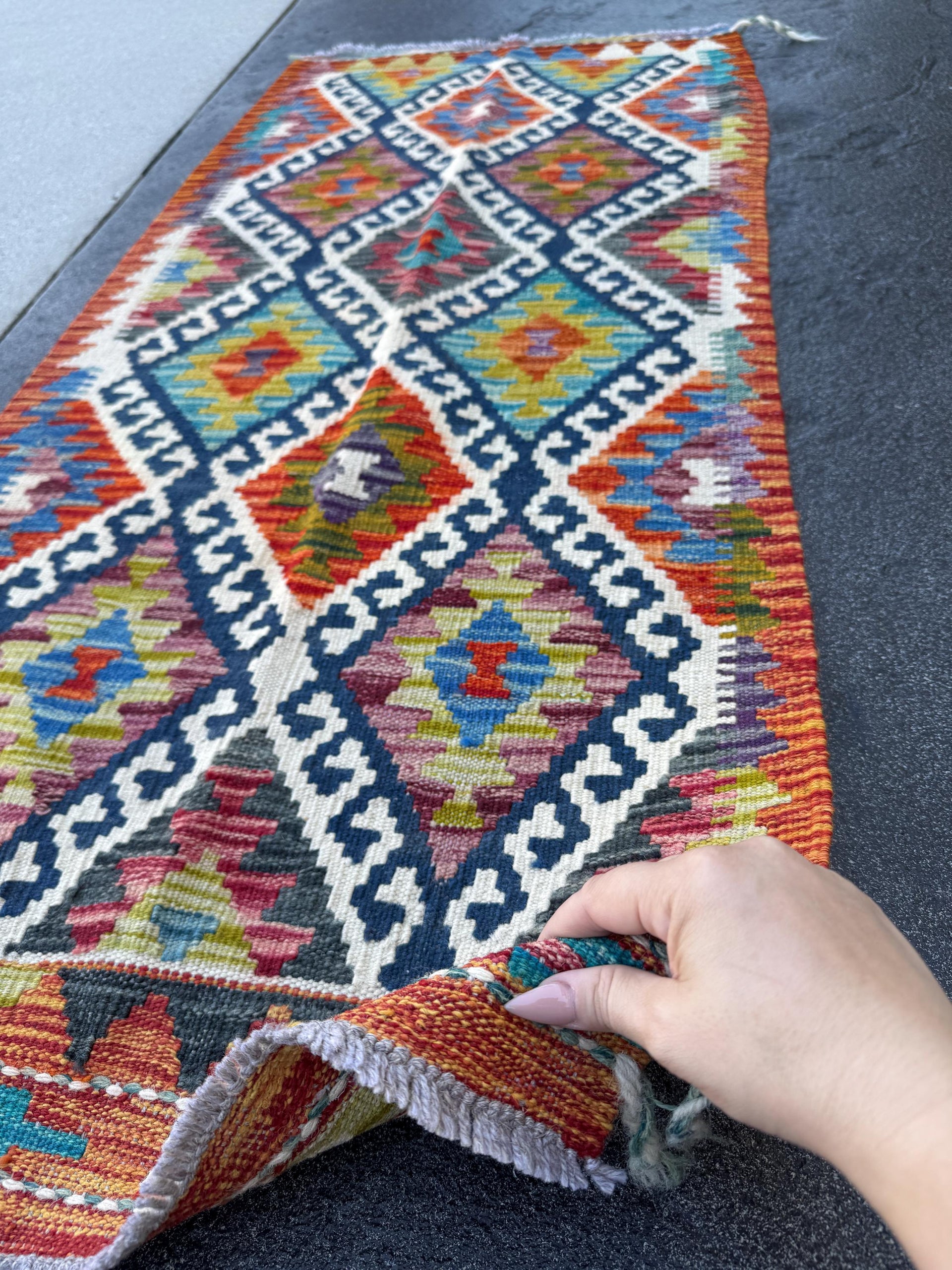 2x5 Handmade Afghan Kilim Runner Rug | Navy Rust Red Burnt Orange Cream White Mustard Yellow Olive Green Teal Aqua Blue Purple Grey | Wool