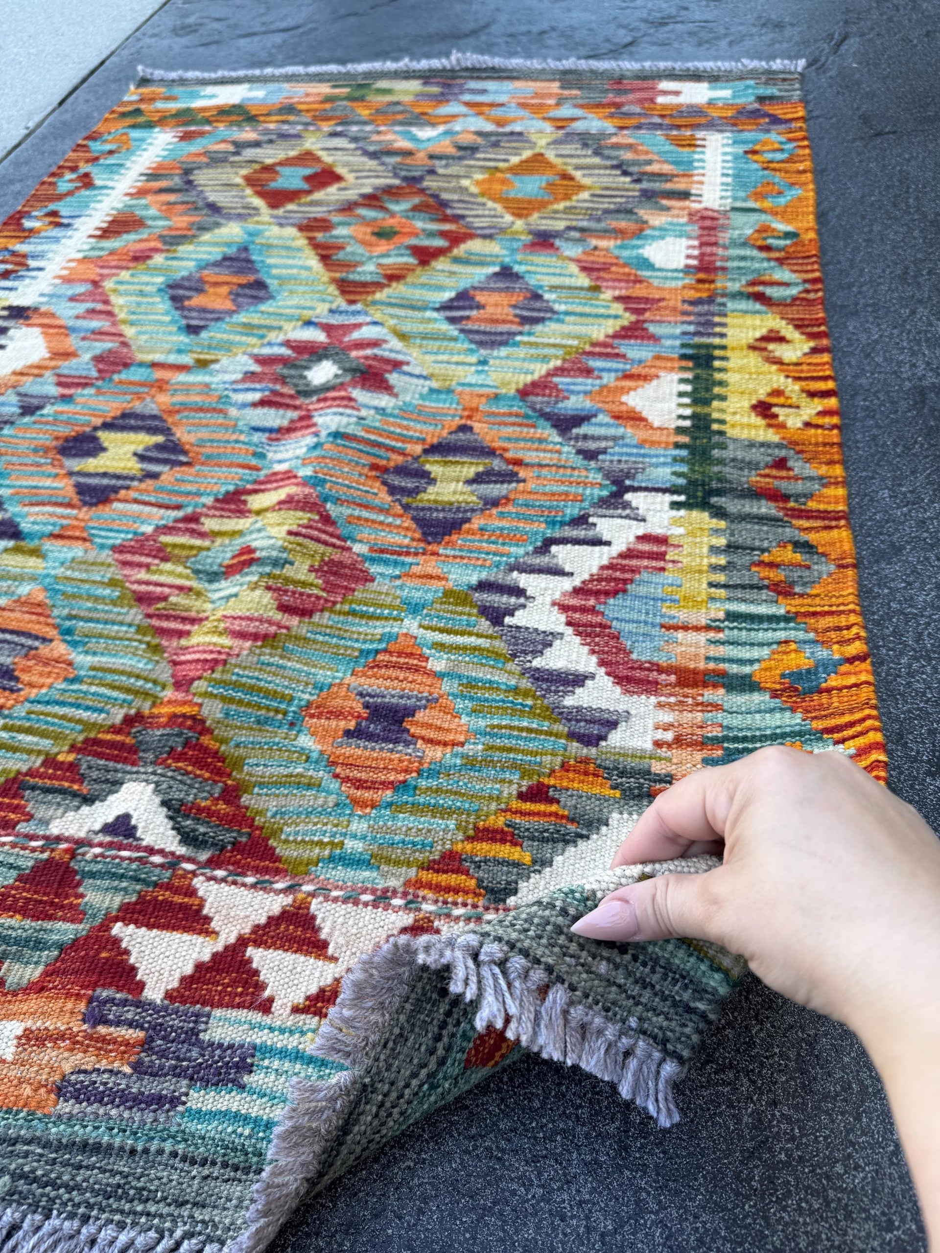 3x4 Handmade Afghan Kilim Rug | Burnt Orange Teal Aqua Blue Rust Red Mustard Yellow Olive Green Cream White Navy Purple Grey | Flatwoven