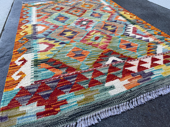3x4 Handmade Afghan Kilim Rug | Burnt Orange Teal Aqua Blue Rust Red Mustard Yellow Olive Green Cream White Navy Purple Grey | Flatwoven