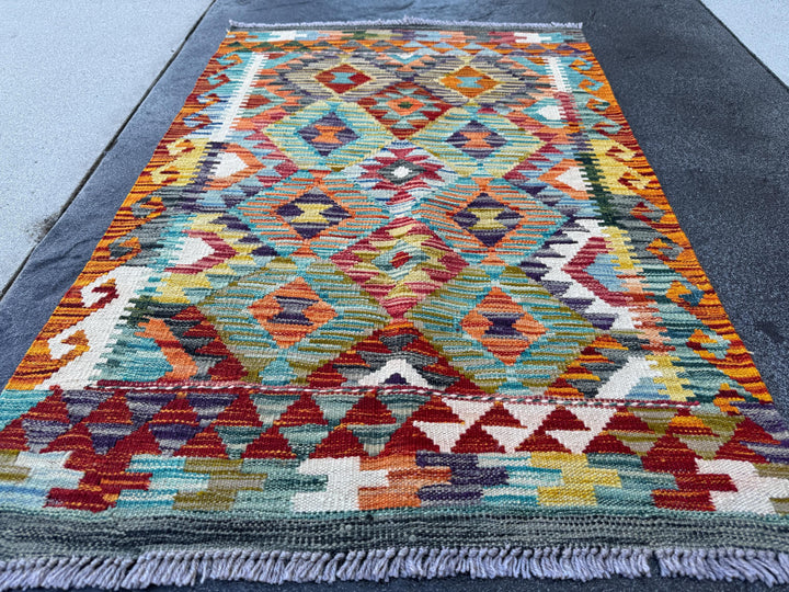 3x4 Handmade Afghan Kilim Rug | Burnt Orange Teal Aqua Blue Rust Red Mustard Yellow Olive Green Cream White Navy Purple Grey | Flatwoven