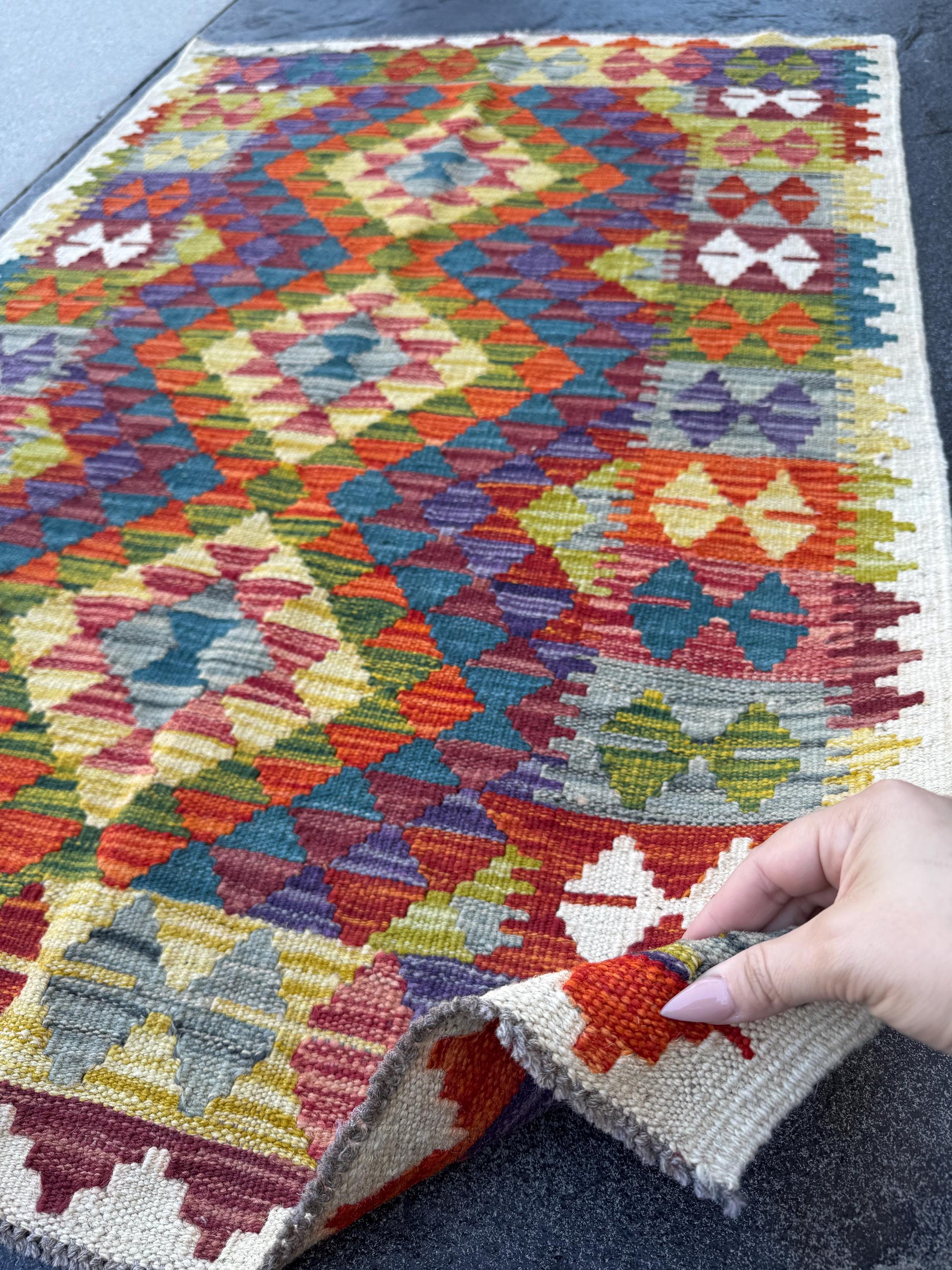 3x4 Handmade Afghan Kilim Rug | Rust Red Burnt Orange Mustard Yellow Olive Green Teal Aqua Blue Navy Purple Grey Cream White | Flatwoven