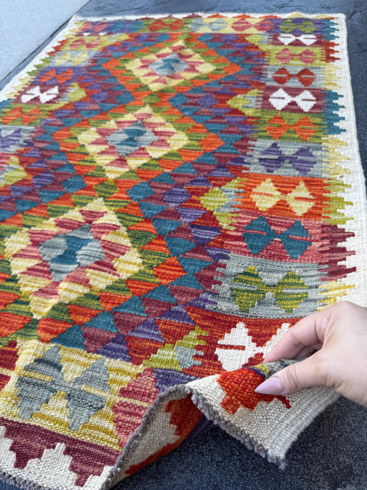 3x4 Handmade Afghan Kilim Rug | Rust Red Burnt Orange Mustard Yellow Olive Green Teal Aqua Blue Navy Purple Grey Cream White | Flatwoven