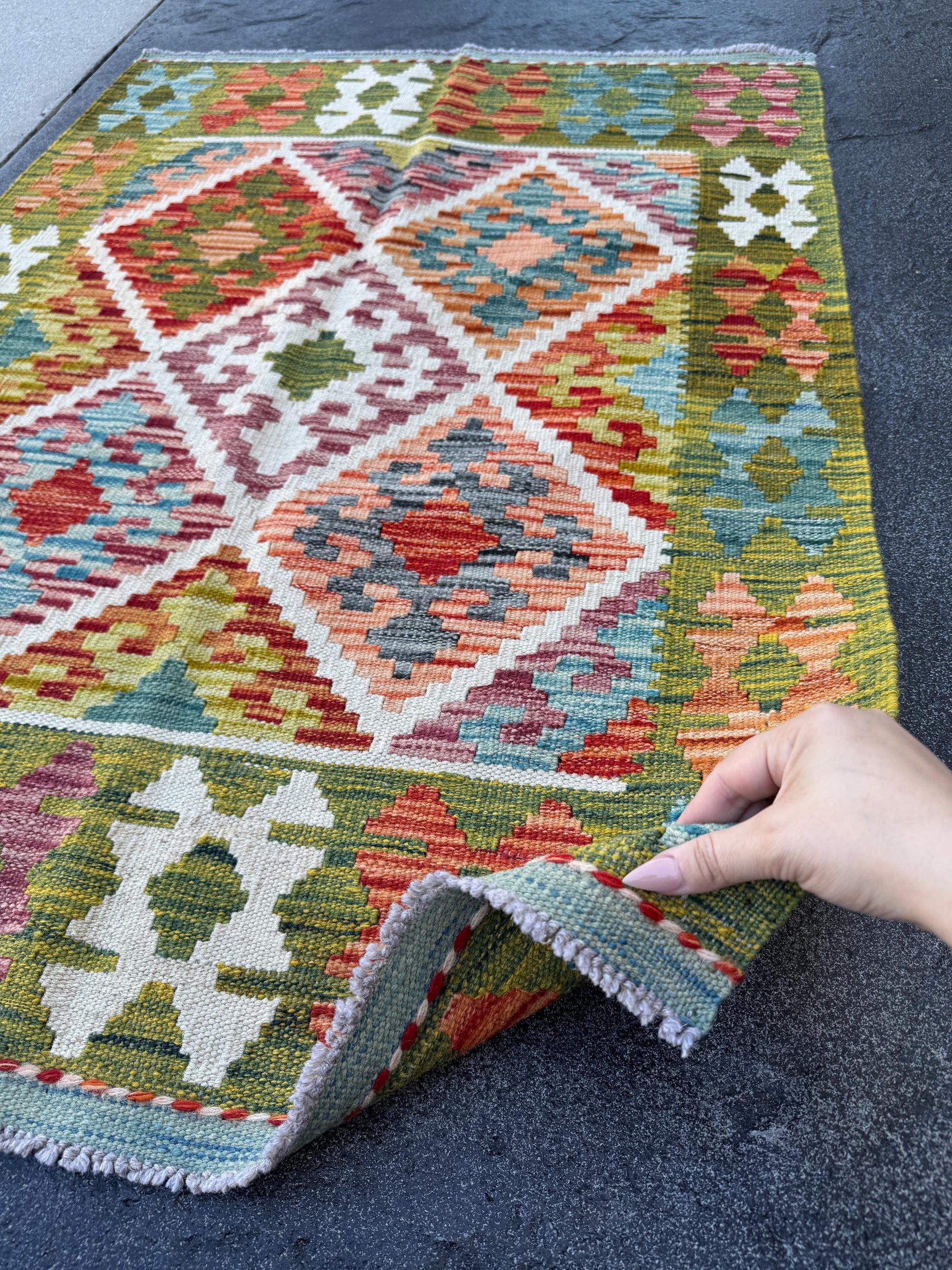 3x4 Handmade Afghan Kilim Rug | Olive Green Rust Red Burnt Orange Mustard Yellow Cream White Teal Aqua Blue Navy Purple Grey | Flatwoven