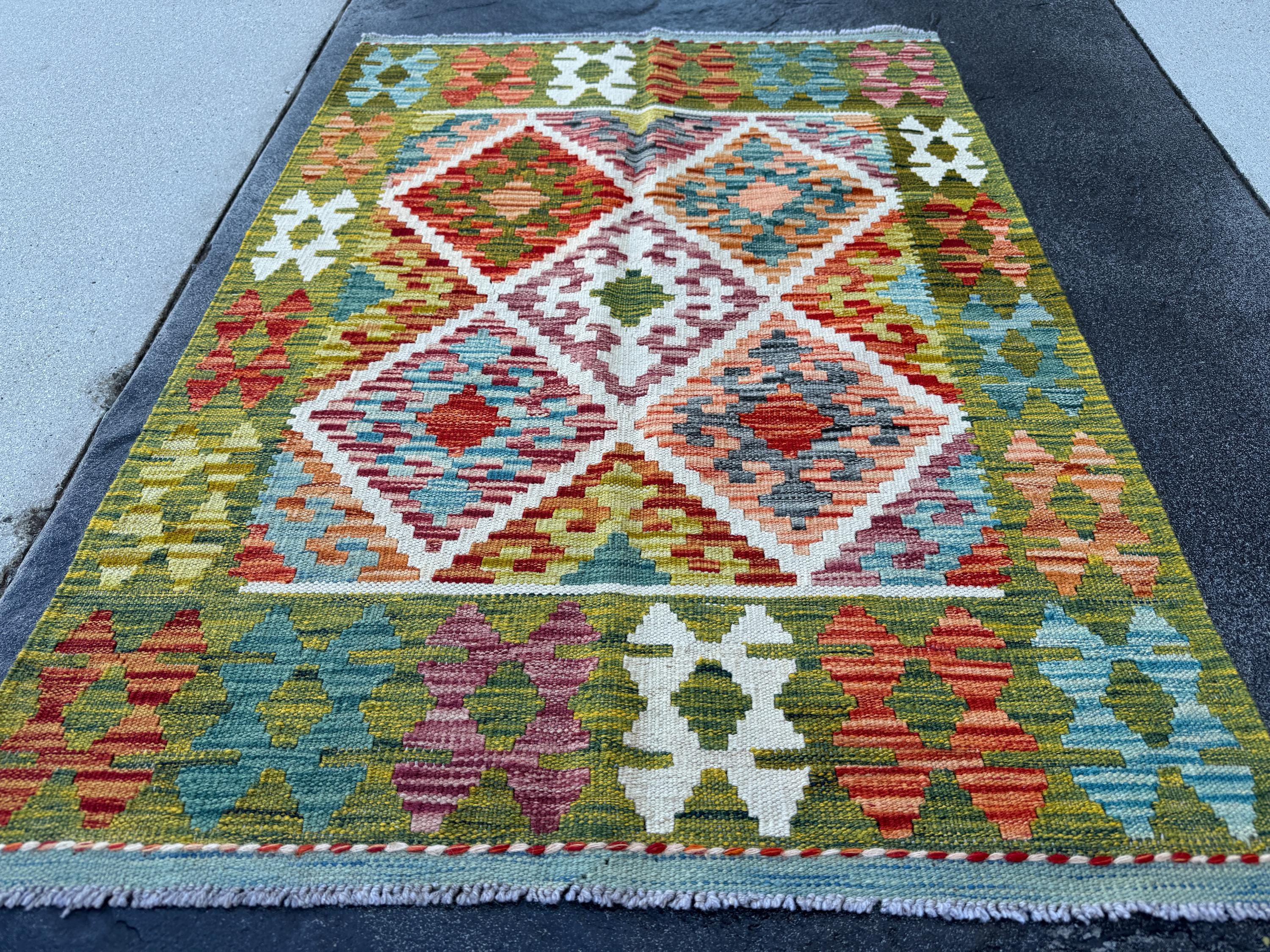 3x4 Handmade Afghan Kilim Rug | Olive Green Rust Red Burnt Orange Mustard Yellow Cream White Teal Aqua Blue Navy Purple Grey | Flatwoven