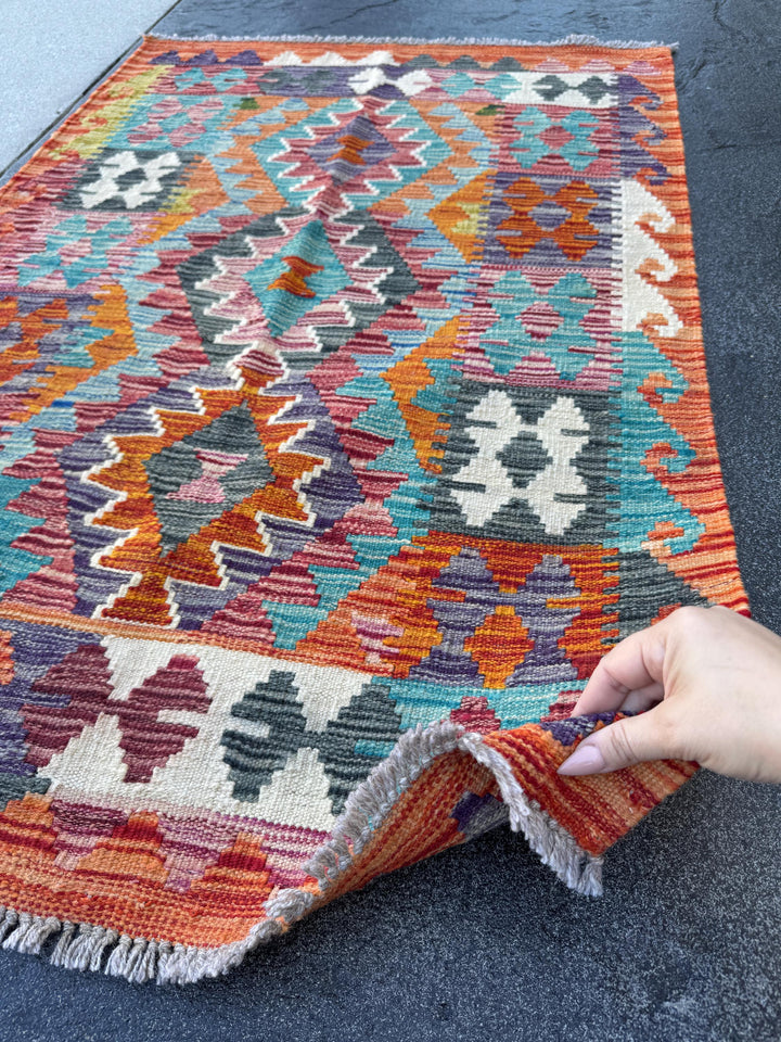 3x4 Handmade Afghan Kilim Rug | Burnt Orange Rust Red Cream White Mustard Yellow Olive Green Teal Aqua Blue Navy Purple Grey | Flatwoven