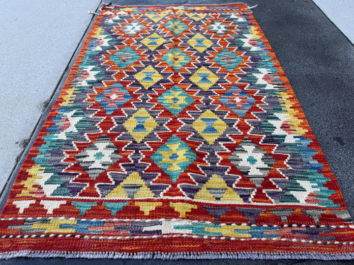 3x4 Handmade Afghan Kilim Rug | Burnt Orange Rust Red Cream White Mustard Yellow Olive Green Teal Aqua Blue Navy Purple Grey | Flatwoven