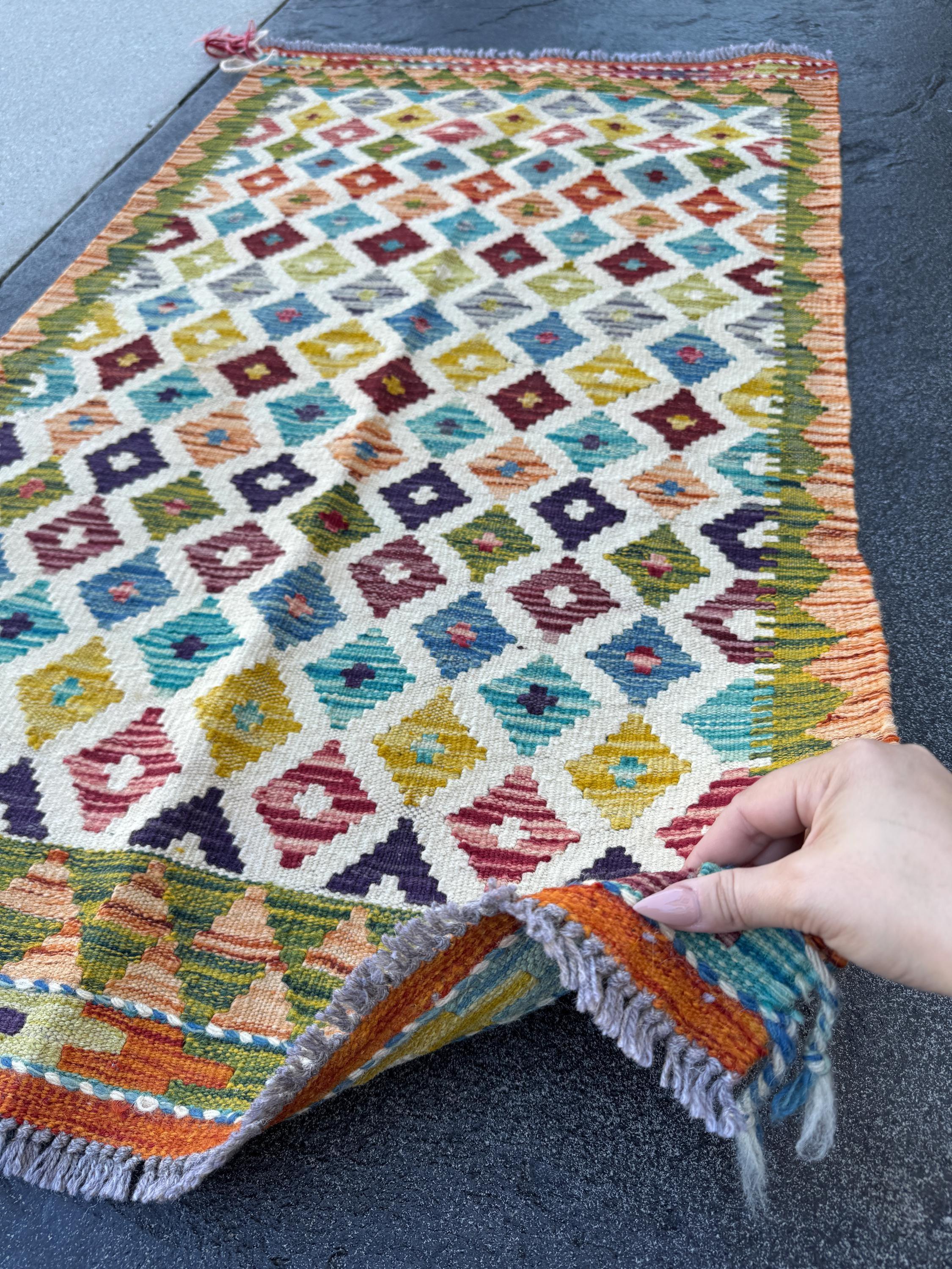 3x4 Handmade Afghan Kilim Rug | Cream White Rust Red Burnt Orange Mustard Yellow Olive Green Teal Aqua Blue Navy Purple Grey | Flatwoven