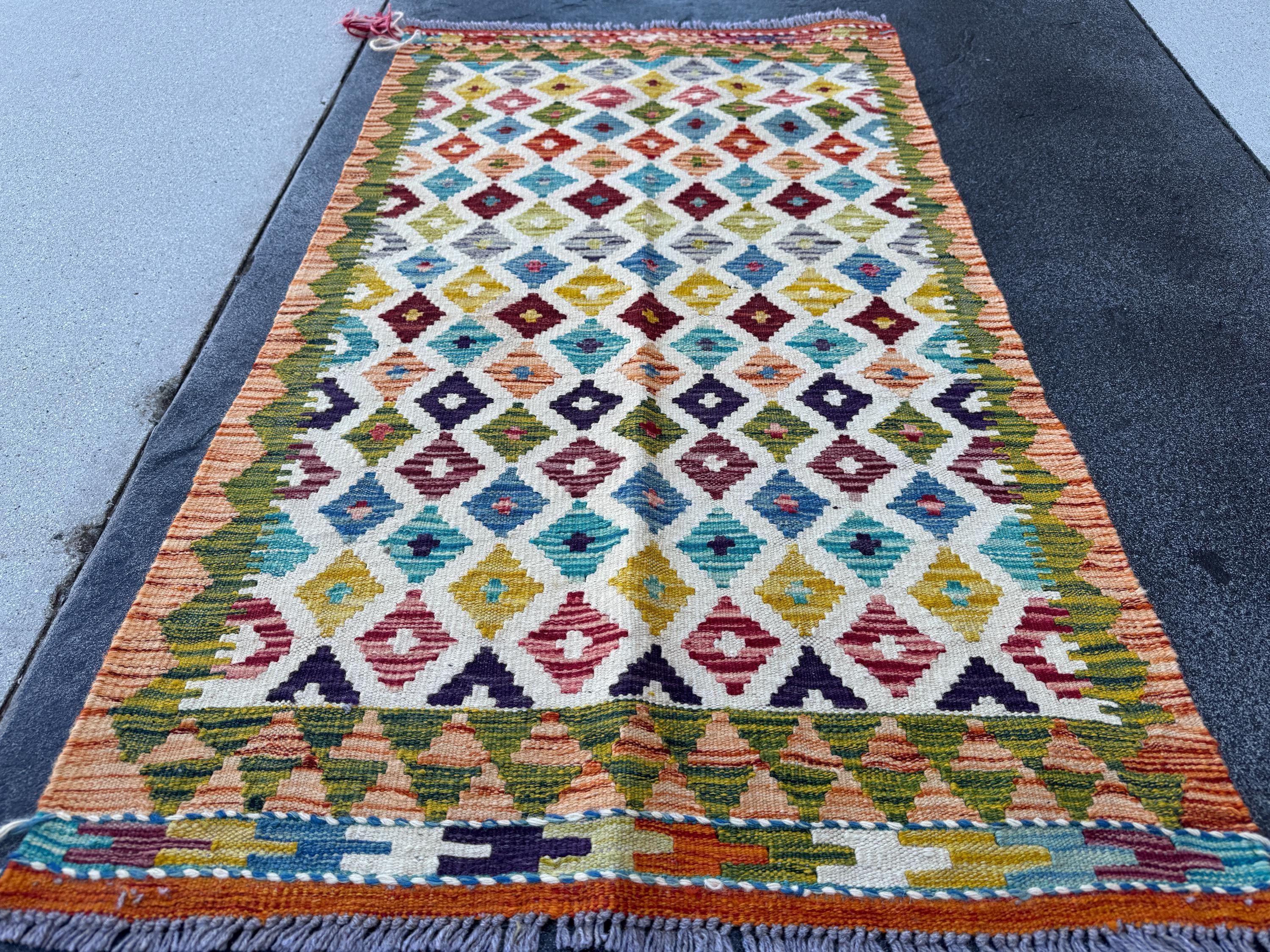 3x4 Handmade Afghan Kilim Rug | Cream White Rust Red Burnt Orange Mustard Yellow Olive Green Teal Aqua Blue Navy Purple Grey | Flatwoven