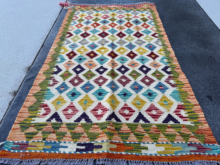 3x4 Handmade Afghan Kilim Rug | Cream White Rust Red Burnt Orange Mustard Yellow Olive Green Teal Aqua Blue Navy Purple Grey | Flatwoven