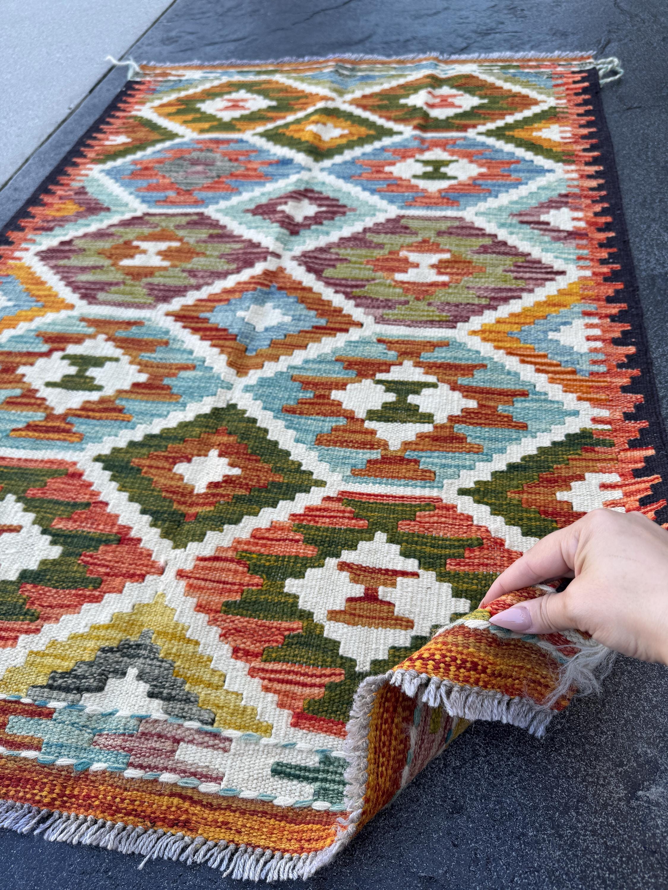 3x4 Handmade Afghan Kilim Rug | Olive Green Rust Red Burnt Orange Cream White Mustard Yellow Teal Aqua Blue Navy Purple Grey | Flatwoven