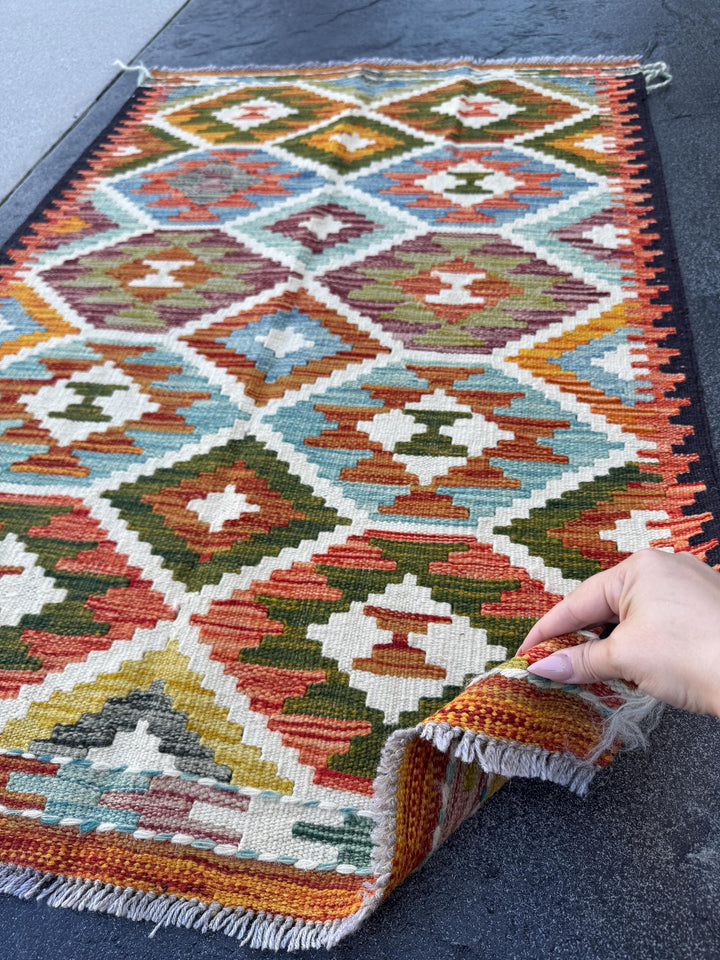 3x4 Handmade Afghan Kilim Rug | Olive Green Rust Red Burnt Orange Cream White Mustard Yellow Teal Aqua Blue Navy Purple Grey | Flatwoven