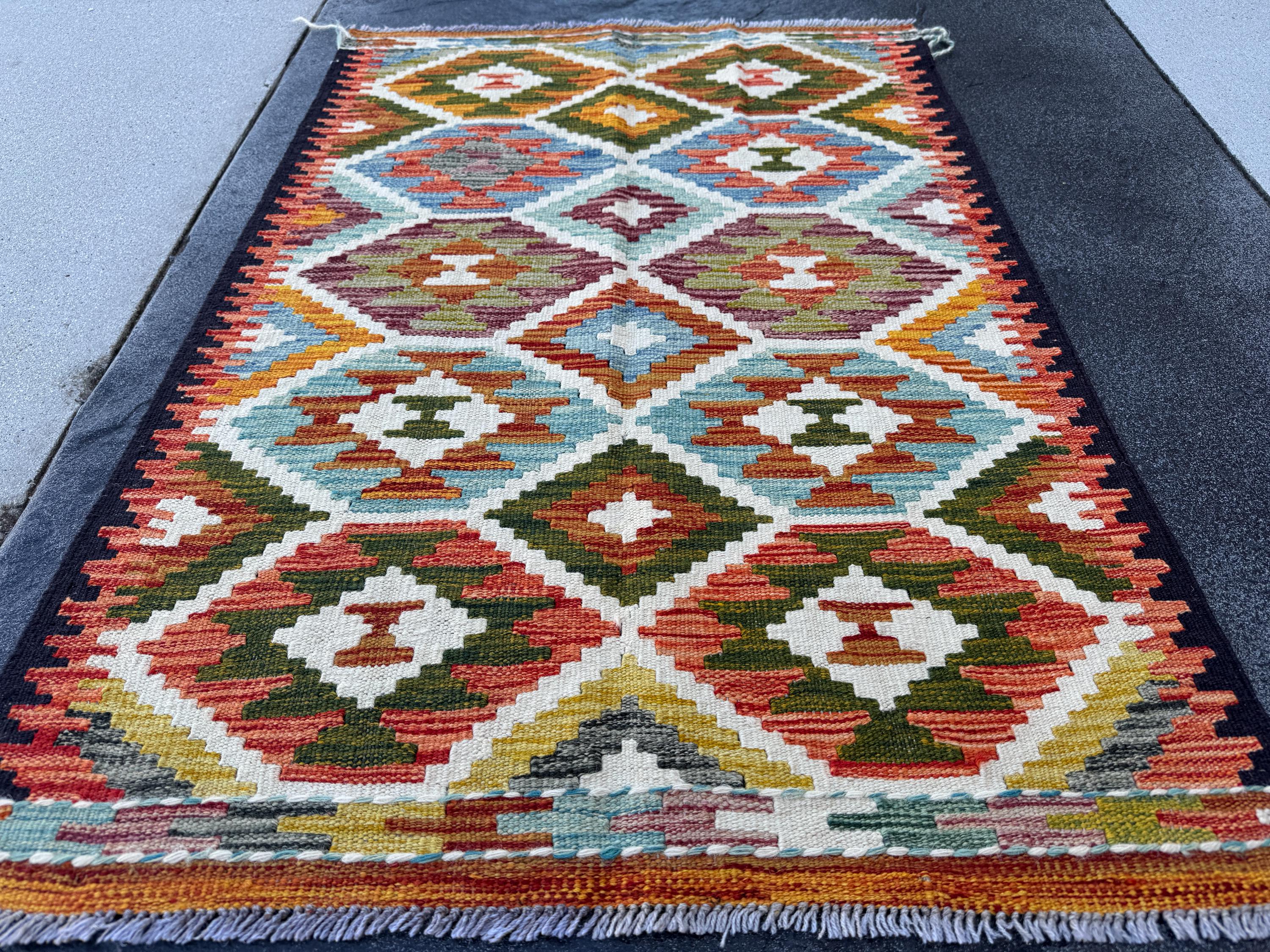 3x4 Handmade Afghan Kilim Rug | Olive Green Rust Red Burnt Orange Cream White Mustard Yellow Teal Aqua Blue Navy Purple Grey | Flatwoven