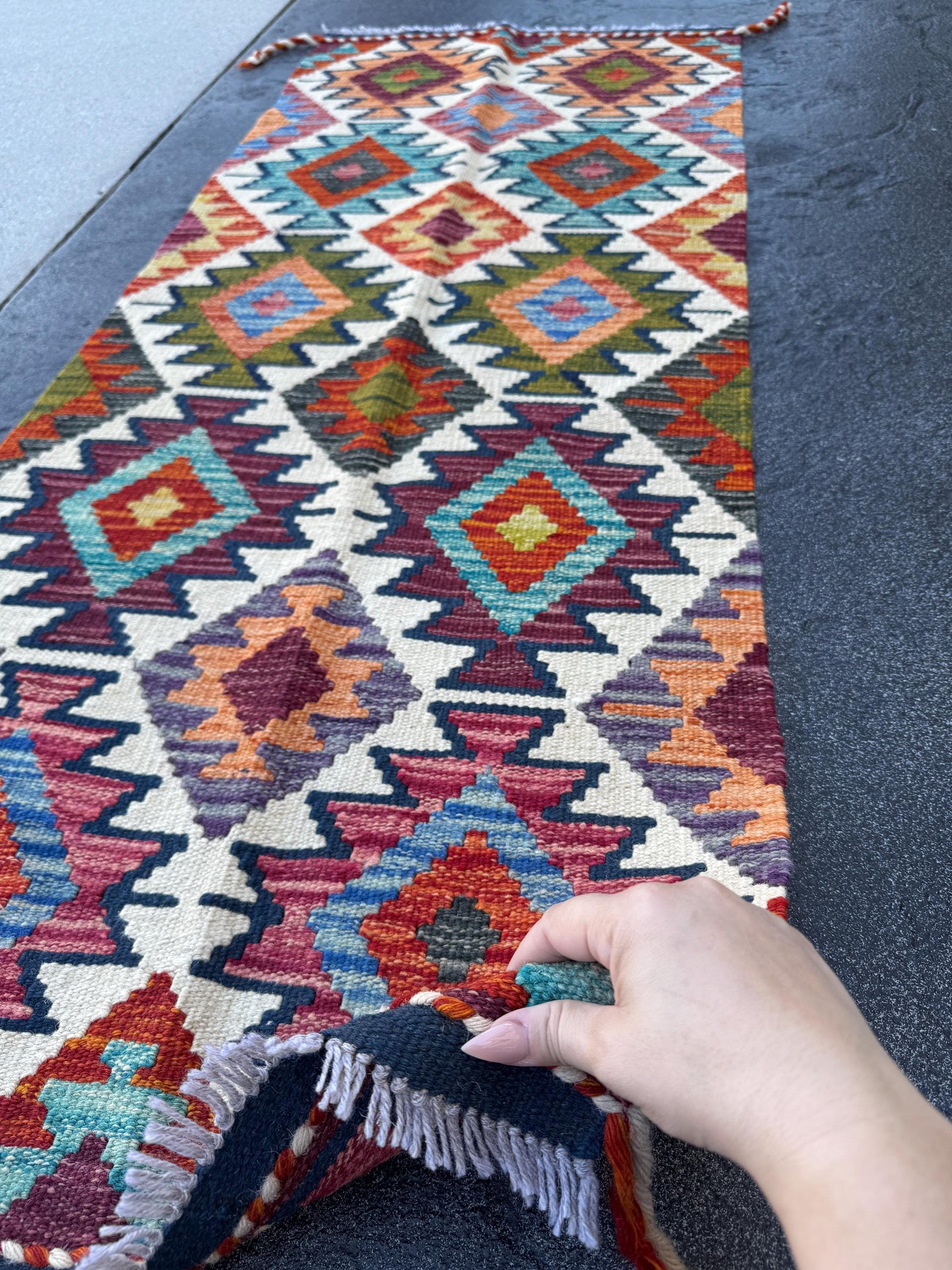 2x5 Handmade Afghan Kilim Runner Rug | Rust Red Burnt Orange Cream White Mustard Yellow Olive Green Teal Aqua Blue Navy Purple Grey | Wool