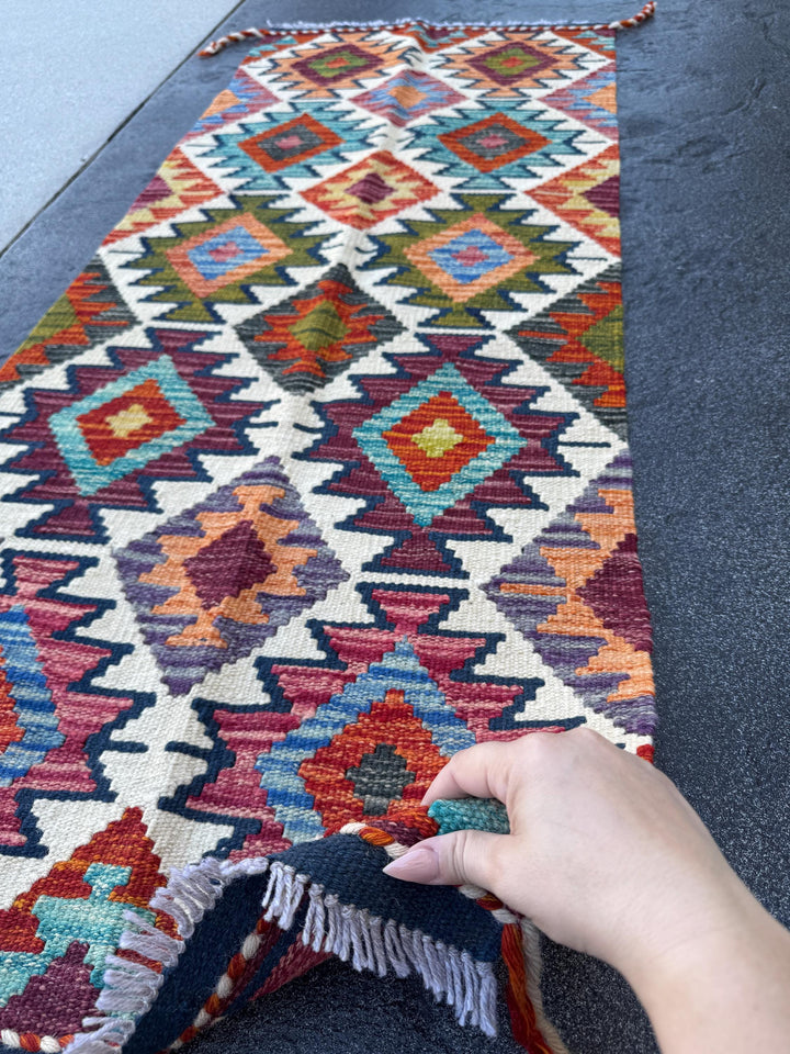 2x5 Handmade Afghan Kilim Runner Rug | Rust Red Burnt Orange Cream White Mustard Yellow Olive Green Teal Aqua Blue Navy Purple Grey | Wool