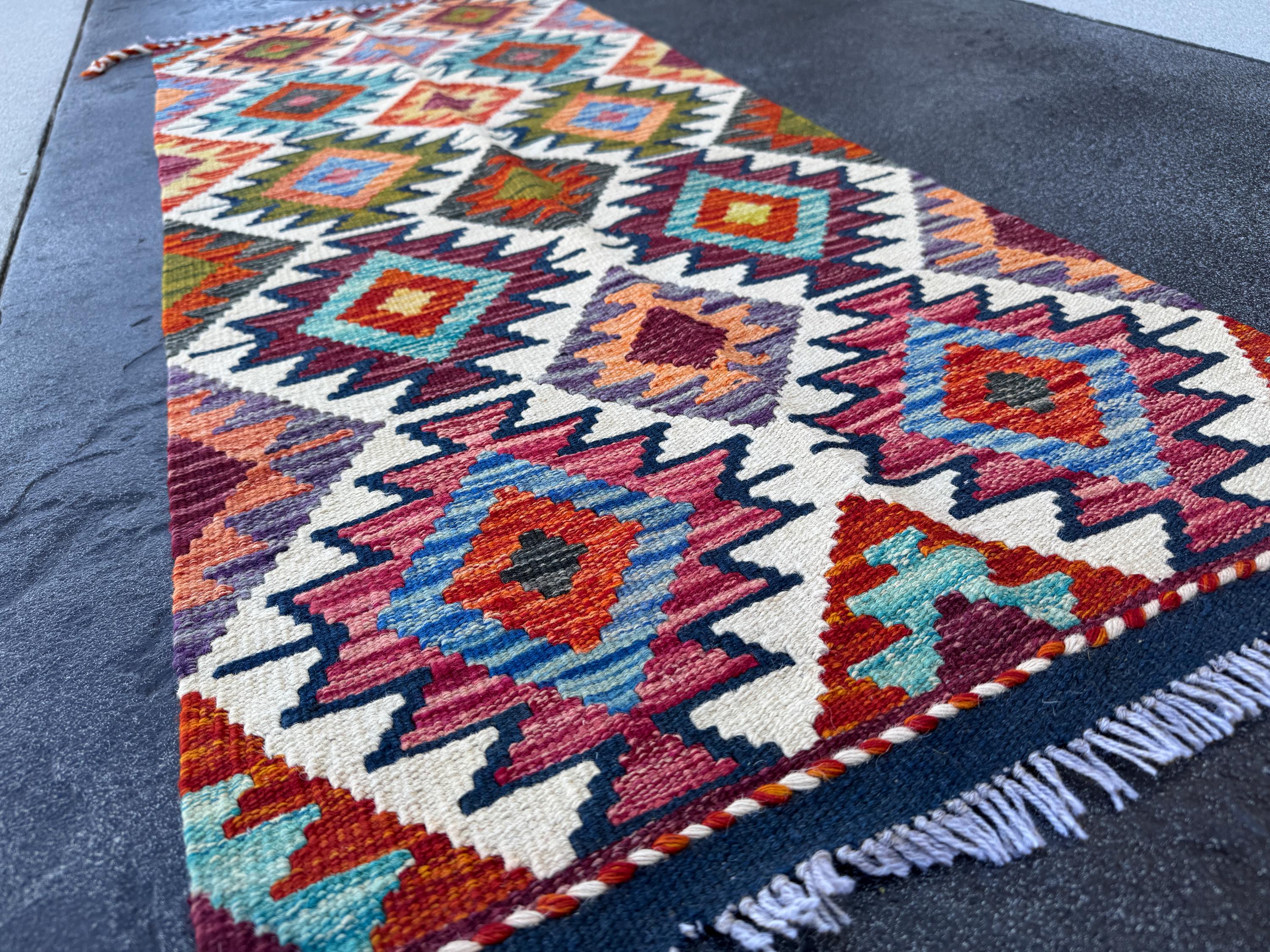 2x5 Handmade Afghan Kilim Runner Rug | Rust Red Burnt Orange Cream White Mustard Yellow Olive Green Teal Aqua Blue Navy Purple Grey | Wool