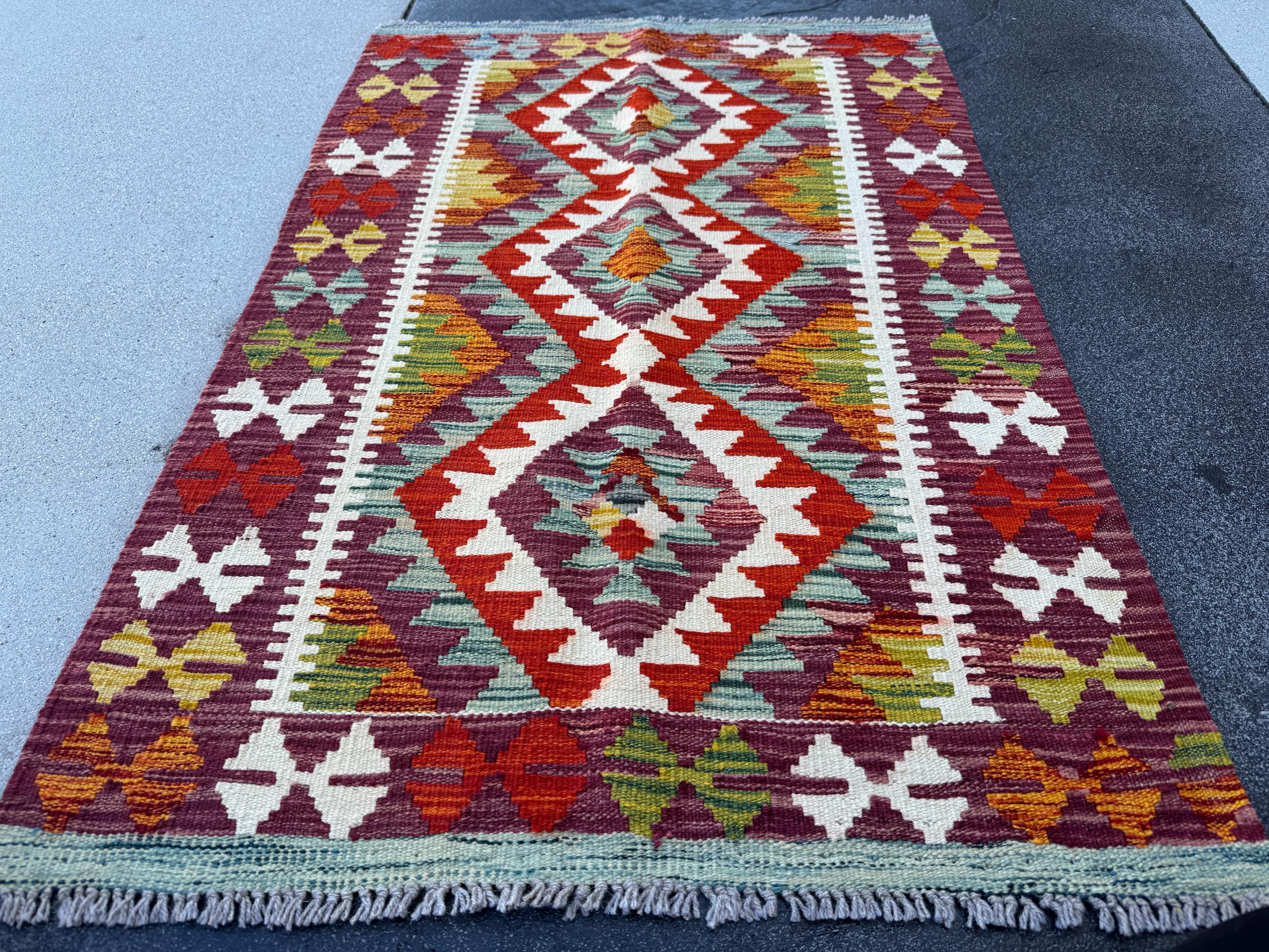 3x4 Handmade Afghan Kilim Rug | Burgundy Rust Red Burnt Orange Cream White Mustard Yellow Olive Green Teal Aqua Blue Grey | Flatwoven