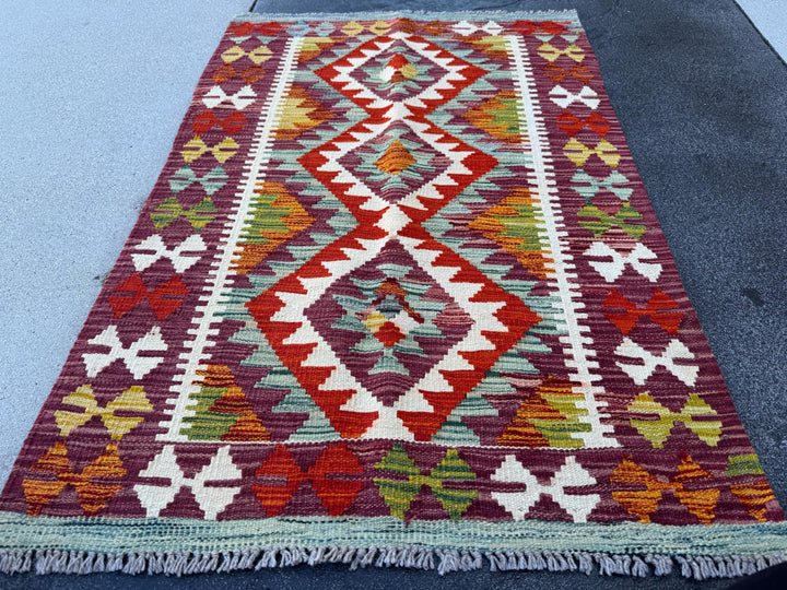 3x4 Handmade Afghan Kilim Rug | Burgundy Rust Red Burnt Orange Cream White Mustard Yellow Olive Green Teal Aqua Blue Grey | Flatwoven