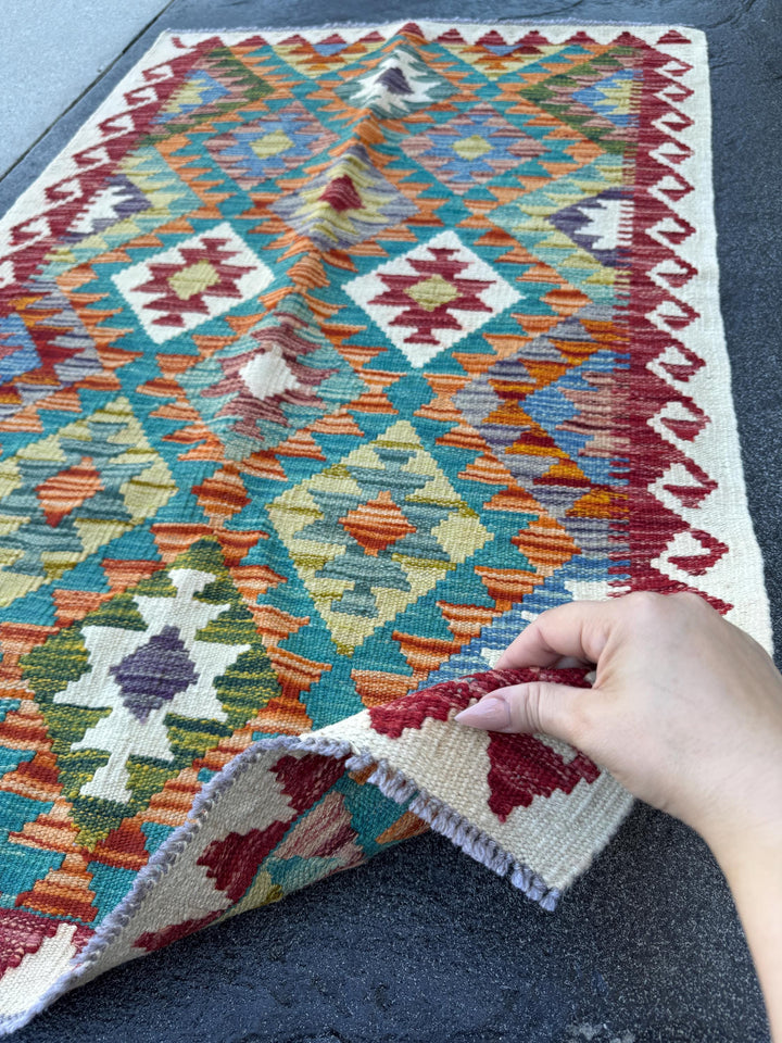 3x4 Handmade Afghan Kilim Rug | Cream White Teal Aqua Rust Red Burnt Orange Mustard Yellow Olive Green Navy Purple Grey | Wool Flatwoven