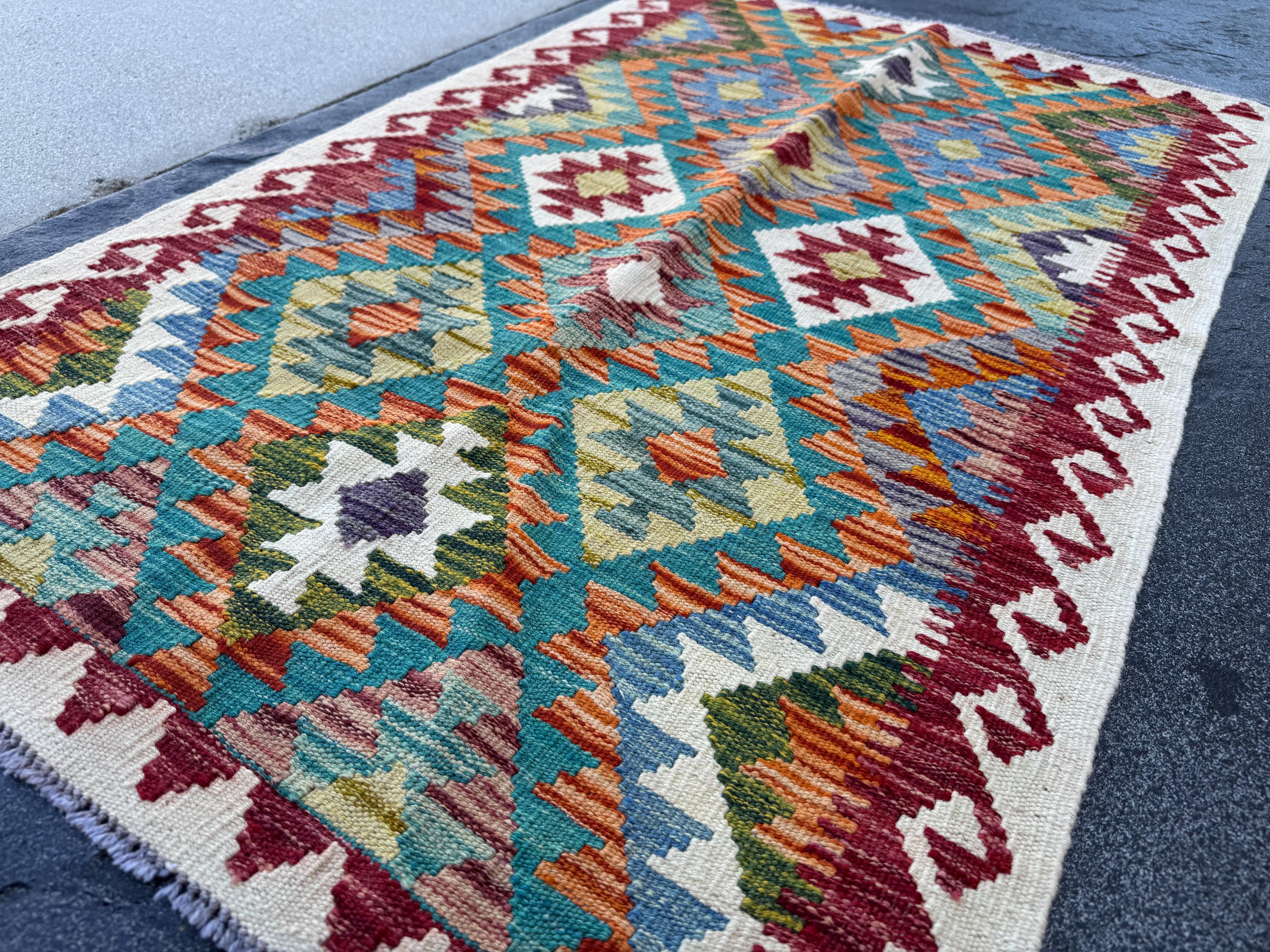 3x4 Handmade Afghan Kilim Rug | Cream White Teal Aqua Rust Red Burnt Orange Mustard Yellow Olive Green Navy Purple Grey | Wool Flatwoven