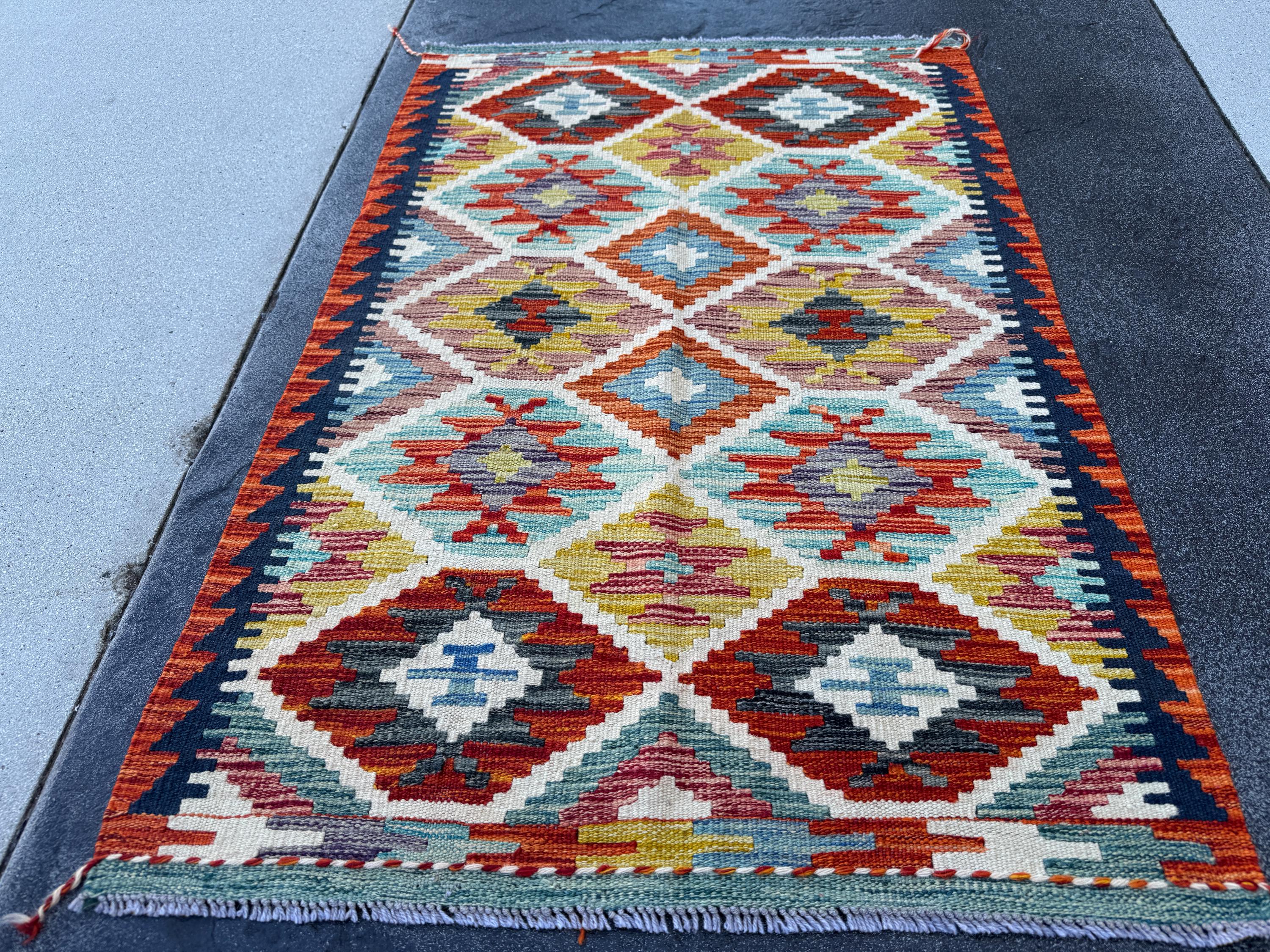 3x4 Handmade Afghan Kilim Rug | Rust Red Burnt Orange Cream White Mustard Yellow Olive Green Teal Aqua Blue Navy Purple Grey | Flatwoven