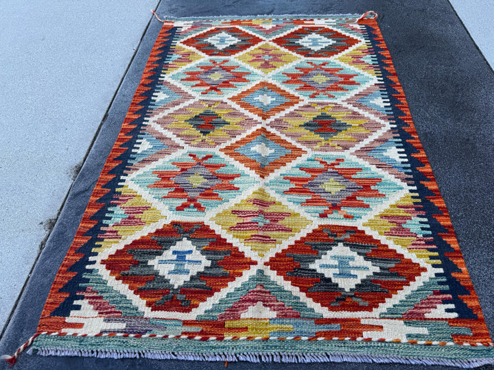 3x4 Handmade Afghan Kilim Rug | Rust Red Burnt Orange Cream White Mustard Yellow Olive Green Teal Aqua Blue Navy Purple Grey | Flatwoven