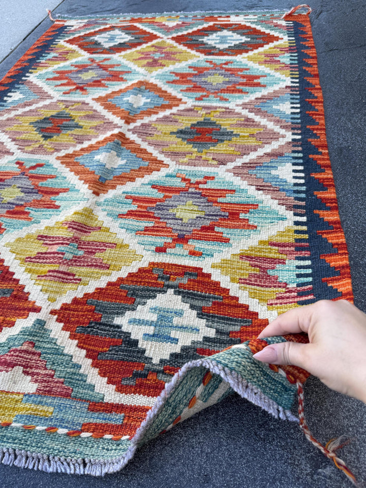 3x4 Handmade Afghan Kilim Rug | Rust Red Burnt Orange Cream White Mustard Yellow Olive Green Teal Aqua Blue Navy Purple Grey | Flatwoven