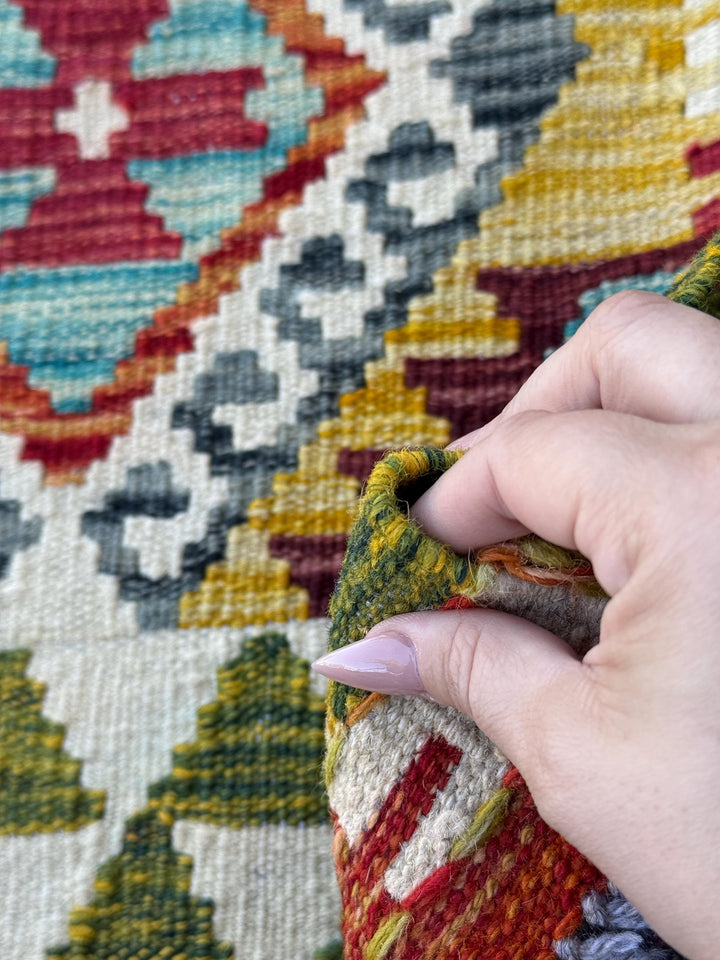 3x4 Handmade Afghan Kilim Rug | Mustard Yellow Rust Red Cream White Olive Green Teal Aqua Blue Burgundy Purple Grey | Wool Flatwoven