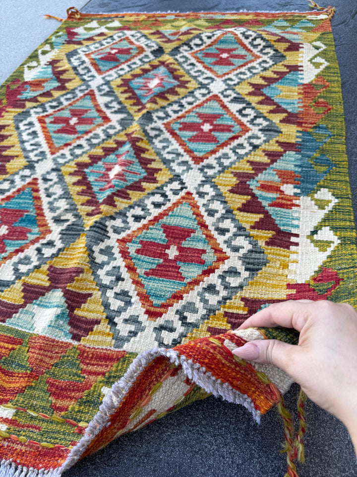 3x4 Handmade Afghan Kilim Rug | Mustard Yellow Rust Red Cream White Olive Green Teal Aqua Blue Burgundy Purple Grey | Wool Flatwoven