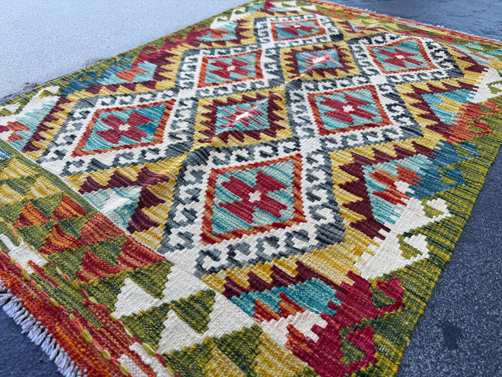 3x4 Handmade Afghan Kilim Rug | Mustard Yellow Rust Red Cream White Olive Green Teal Aqua Blue Burgundy Purple Grey | Wool Flatwoven