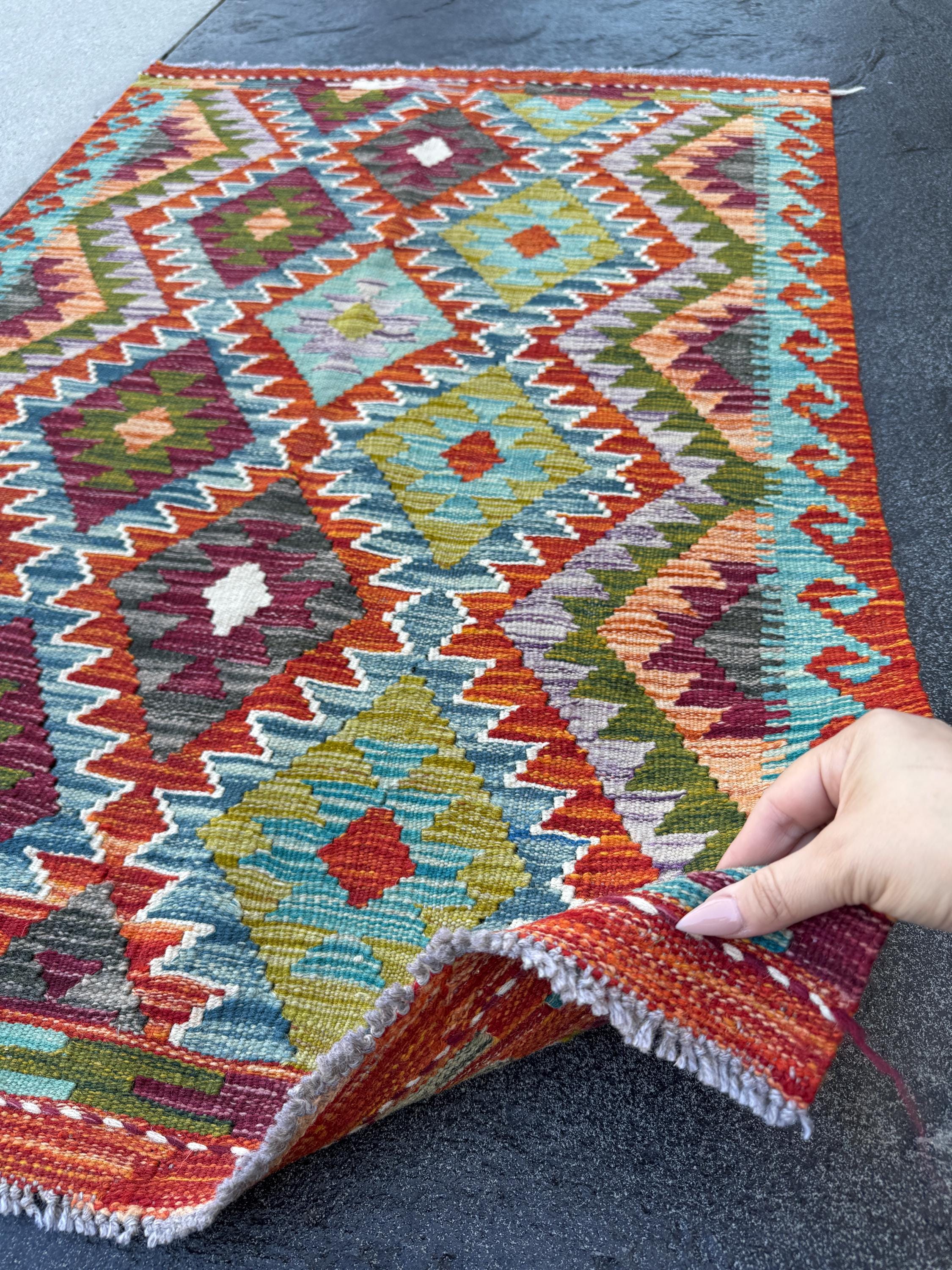 3x4 Handmade Afghan Kilim Rug | Rust Red Burnt Orange Mustard Yellow Olive Green Teal Aqua Blue Purple Grey Cream White | Wool Flatwoven