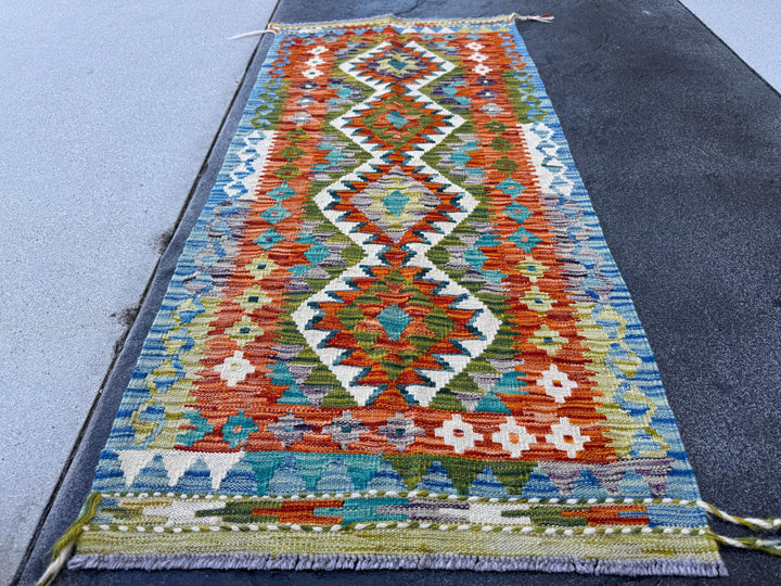 2x5 Handmade Afghan Kilim Runner Rug | Rust Red Burnt Orange Olive Green Cream White Mustard Yellow Teal Aqua Blue Navy Purple Grey | Wool