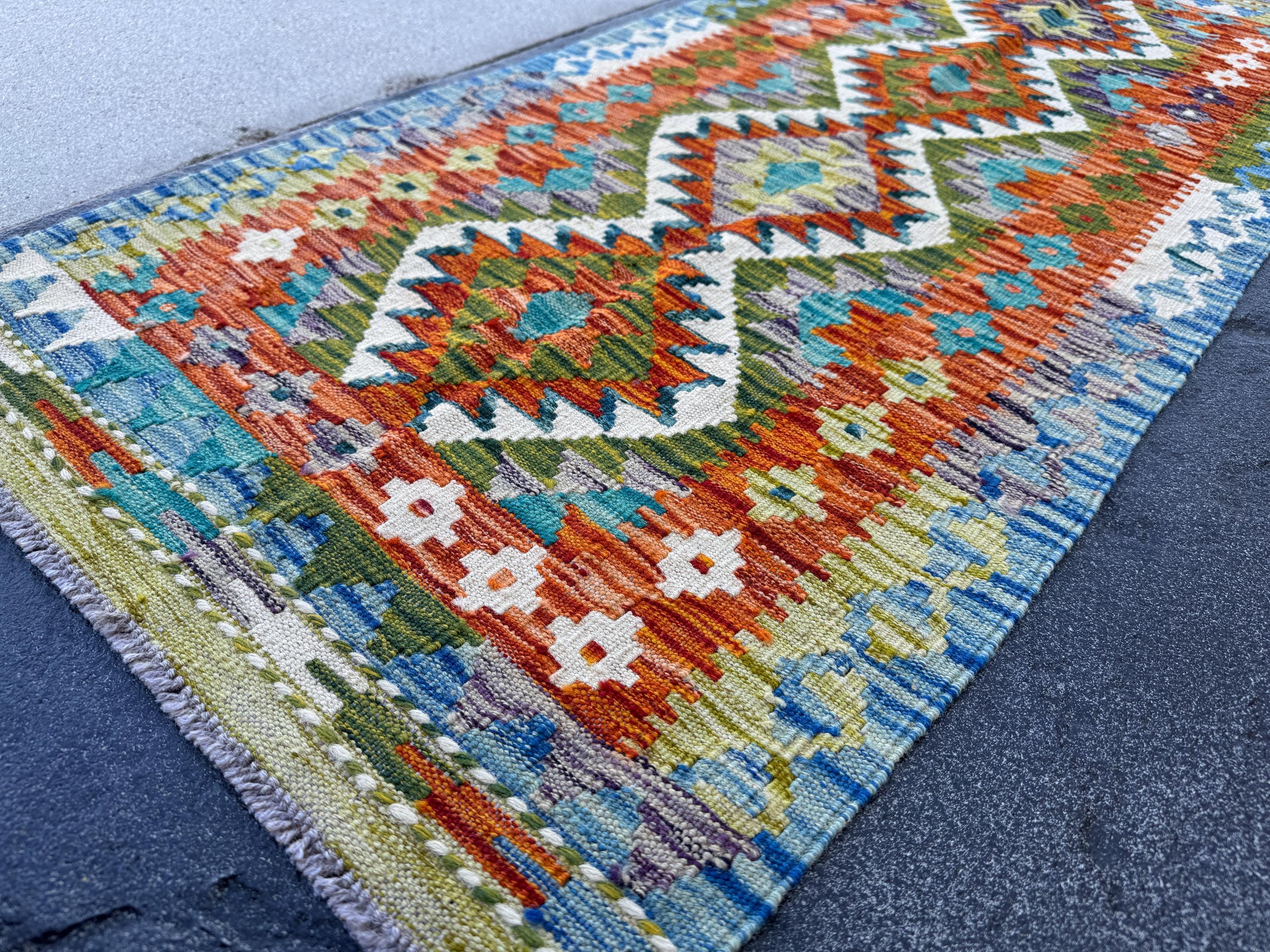 2x5 Handmade Afghan Kilim Runner Rug | Rust Red Burnt Orange Olive Green Cream White Mustard Yellow Teal Aqua Blue Navy Purple Grey | Wool